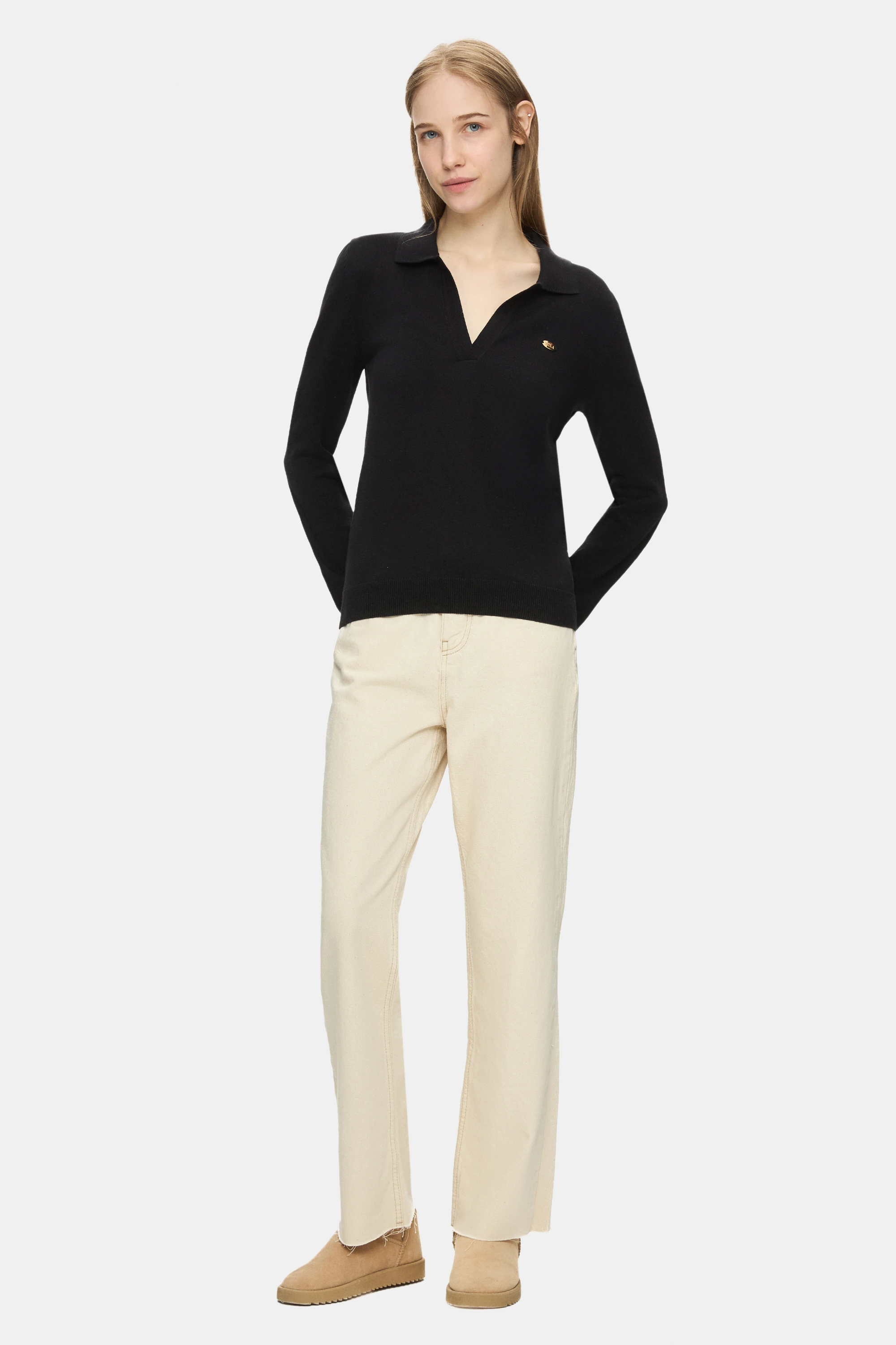 IRENE Siyah Polo Yaka Triko Metal Logolu Standard Fit Kadın Triko