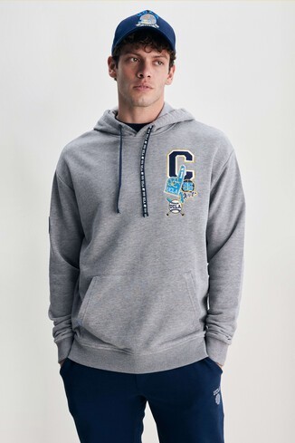 ROSS Gri Kapüşonlu Nakışlı Oversize Erkek Sweatshirt
