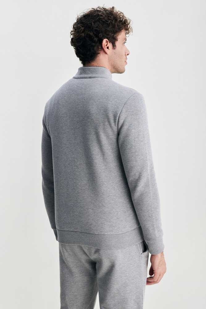KHAL Gri Yarım Fermuarlı Kauçuklu Şardonlu Dik Yaka Standard Fit Erkek Sweatshirt
