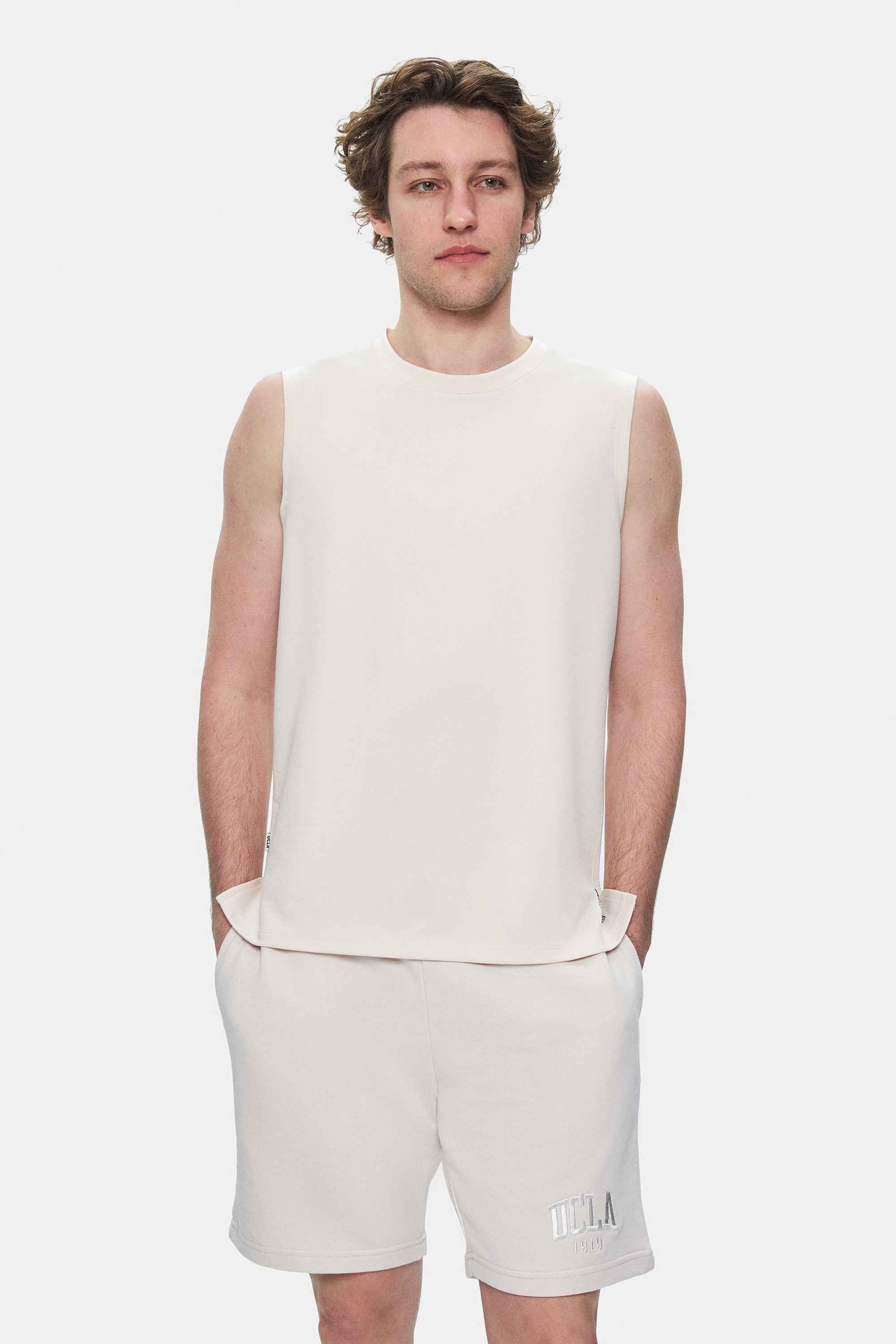 BODHI Kemik Rengi Bisiklet Yaka Sıfır Kol Baskılı Modal Kumaş Oversize Erkek Tshirt