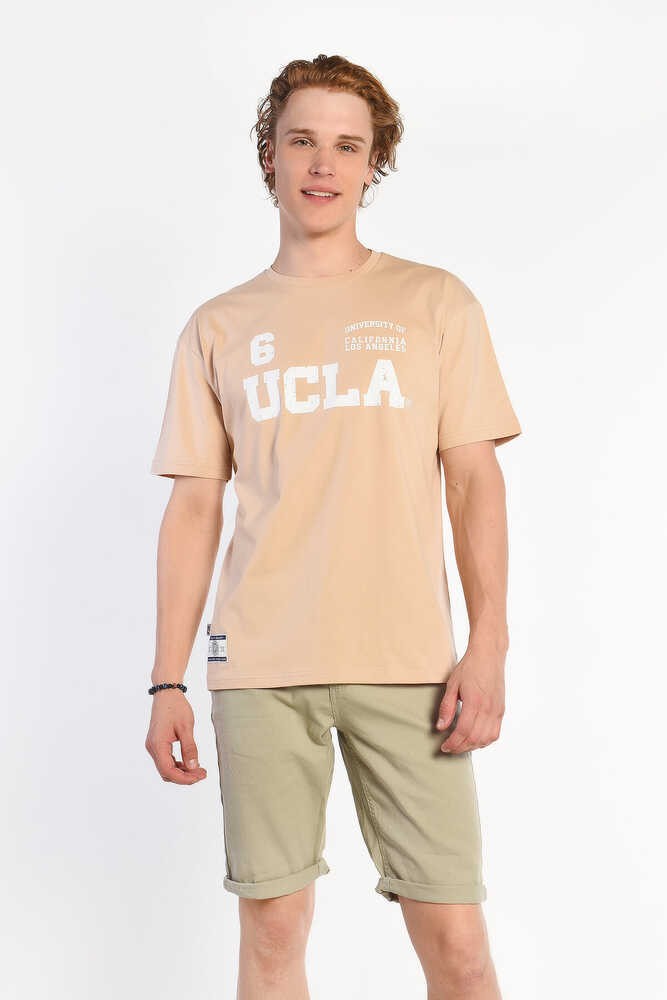 BREA Bej Bisiklet Yaka Baskılı Oversize  Erkek Tshirt