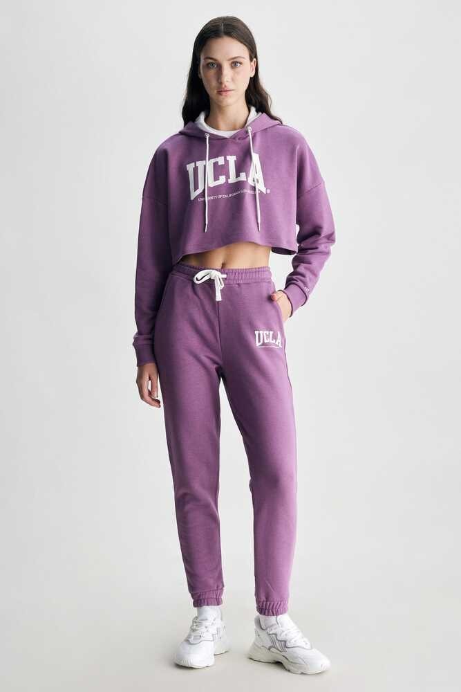 SAUSA Mor Kapüşonlu Baskılı Oversize Kadın Sweatshirt
