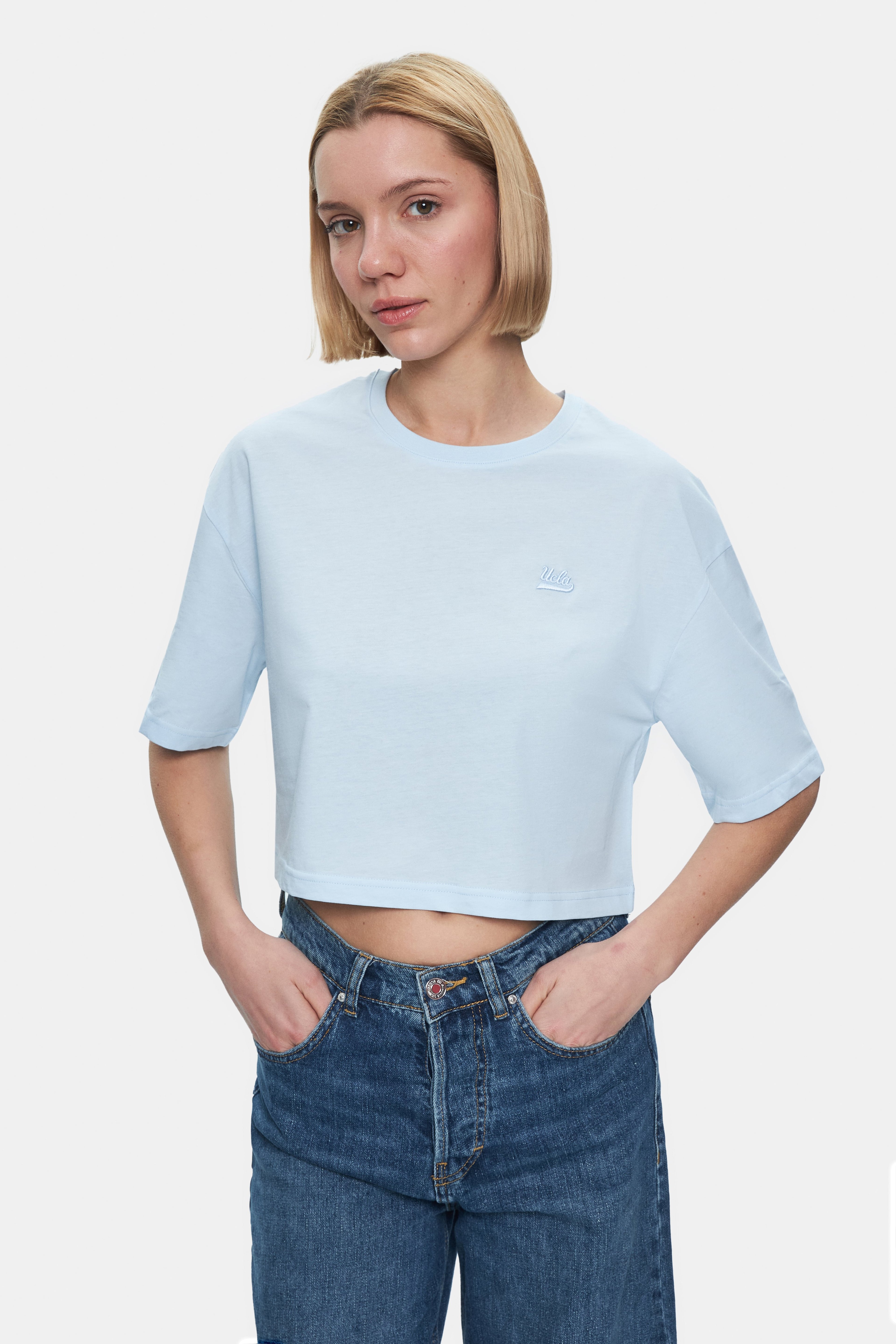 INDIANA Gök Mavi Bisiklet Yaka Crop Baskılı Loose Fit Kadın Tshirt