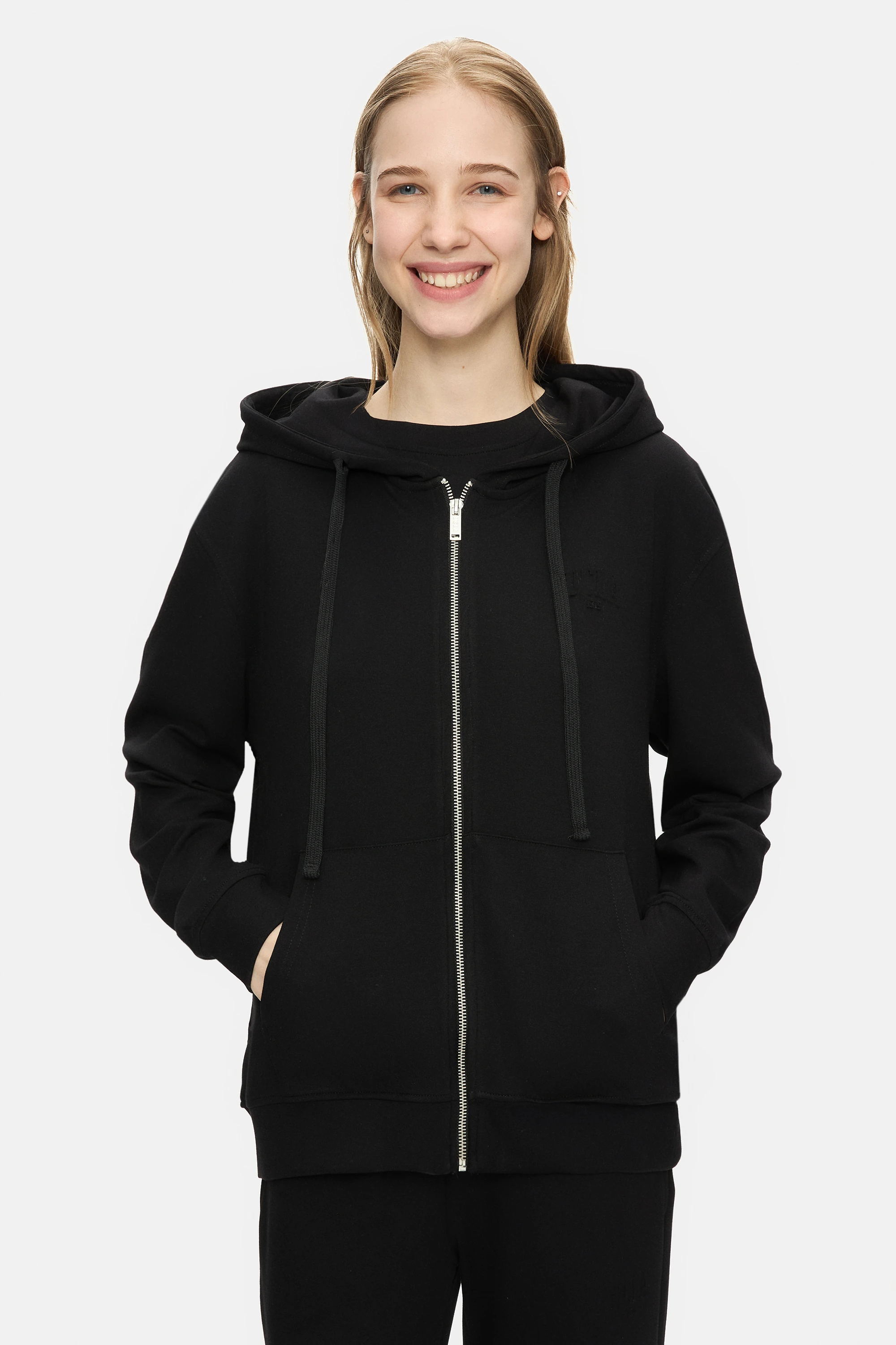 ALLURA Siyah Kapüşonlu Gofre Baskılı Modal Kumaş Loose Fit Kadın Sweatshirt