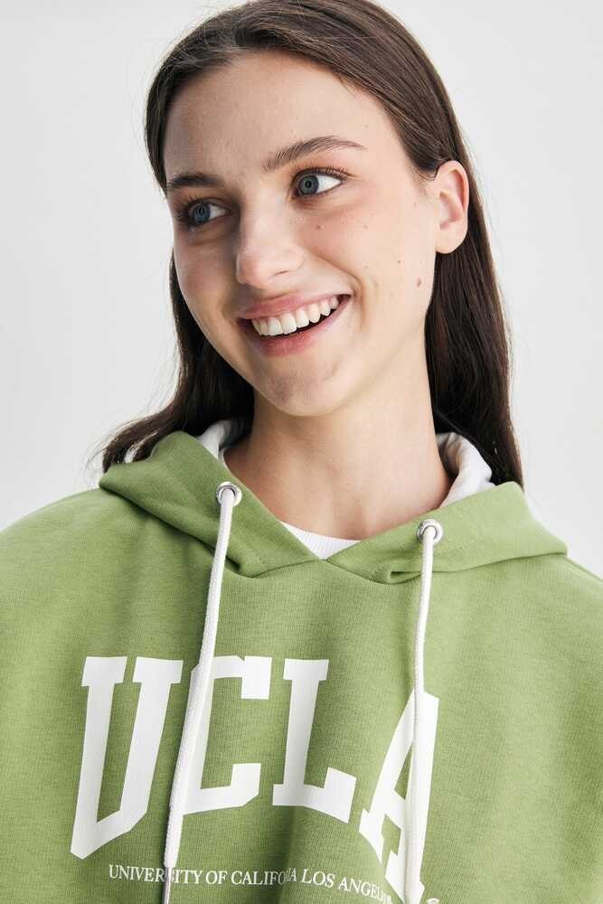 SAUSA Yeşil Kapüşonlu Baskılı Oversize Kadın Sweatshirt