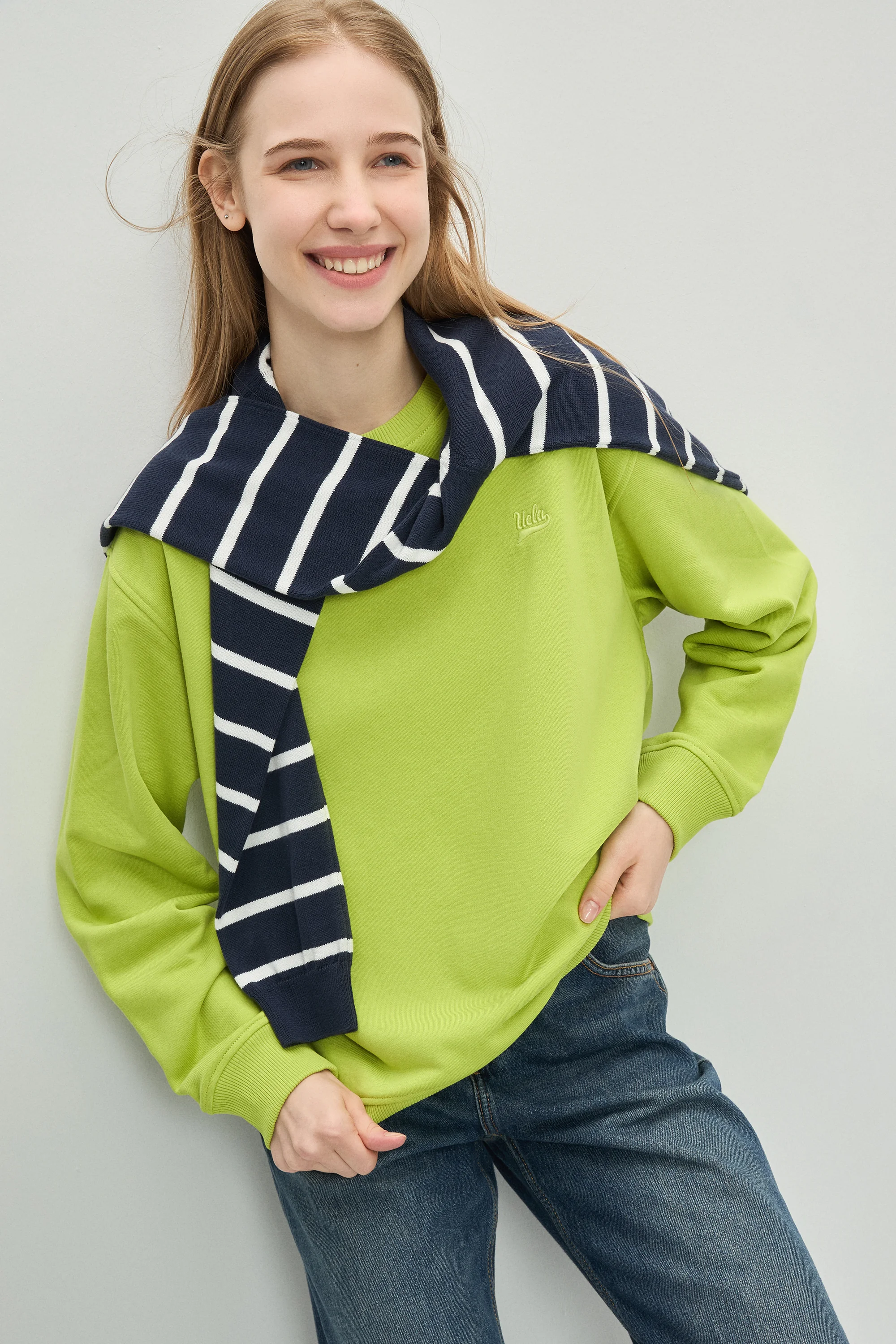 SUNNIVA Koyu Yeşil Bisiklet Yaka Nakışlı Loose Fit Kadın Sweatshirt