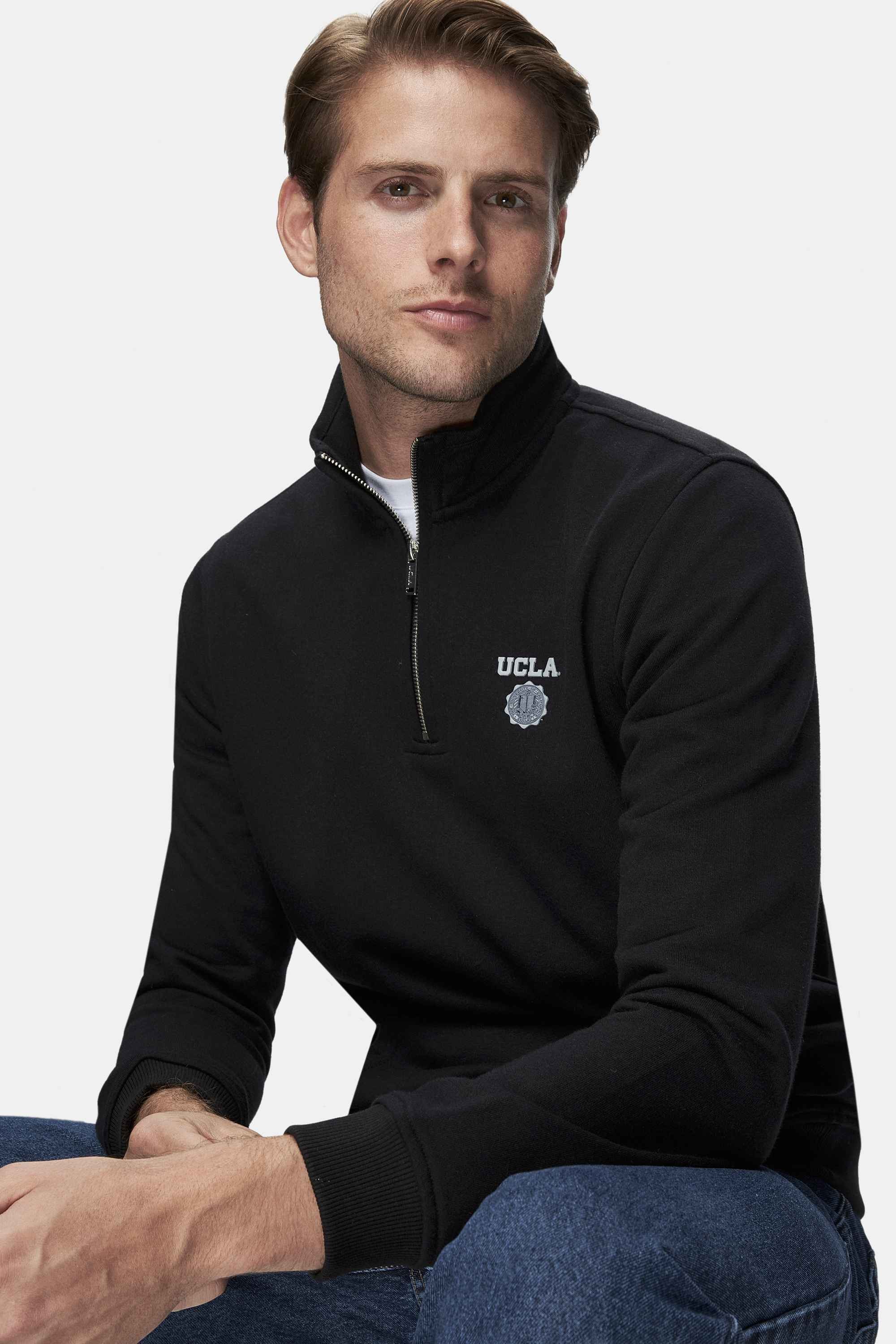 LEON Siyah Yarım Fermuar Nakışlı Standard Fit Erkek Sweatshirt