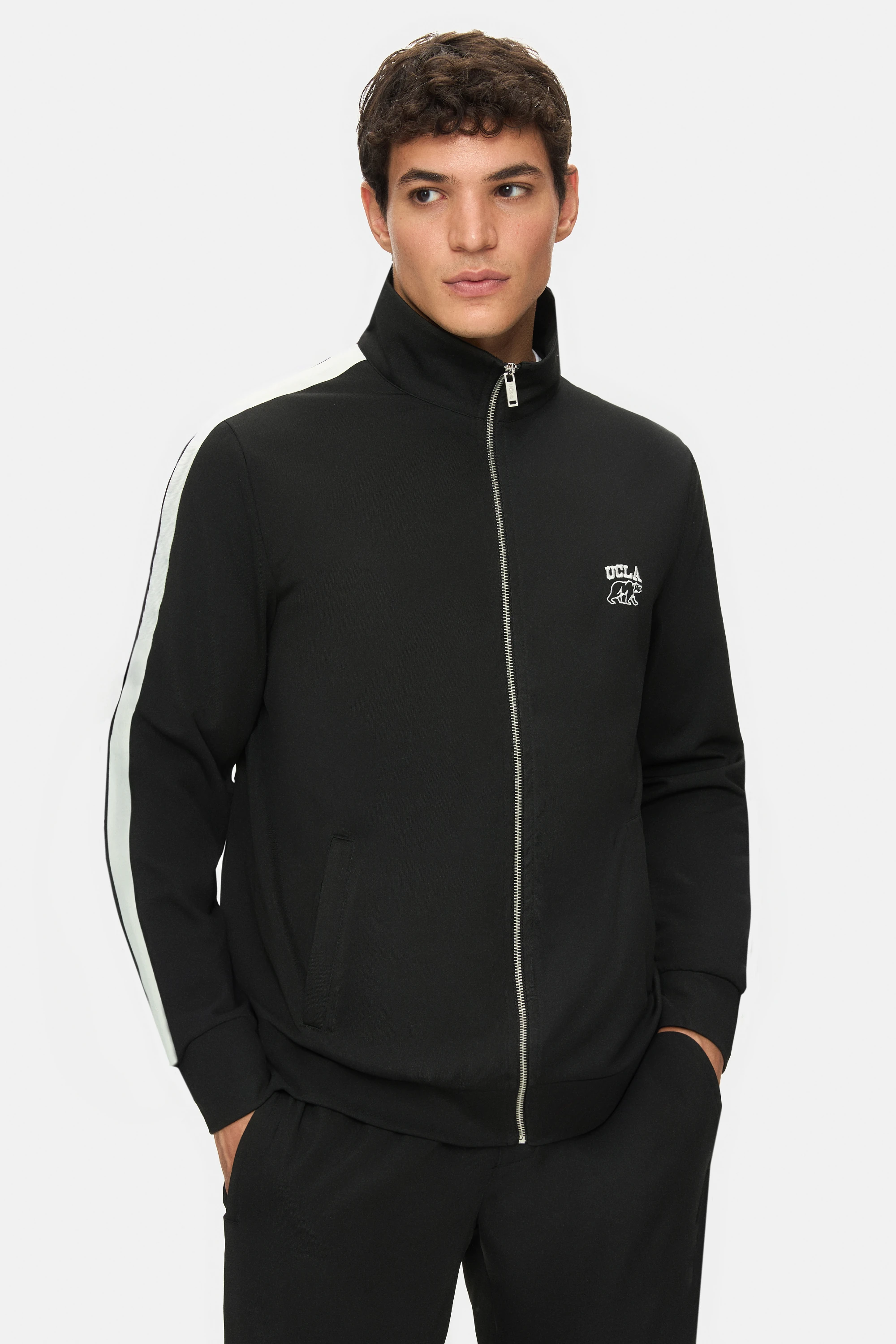 HALSTON Siyah Fermuarlı ve Cepli Nakışlı Standard Fit Erkek Sweatshirt