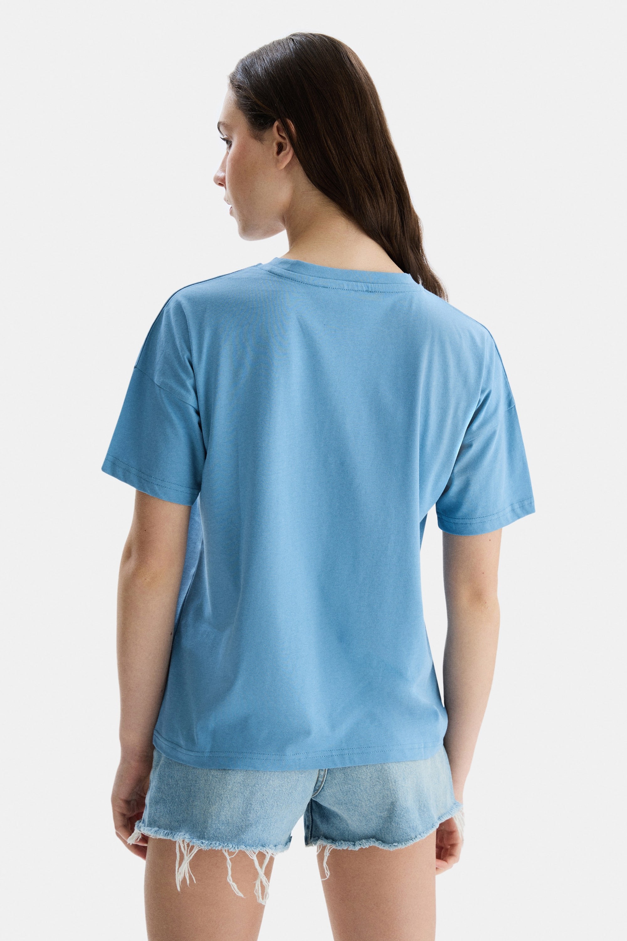 AVALON Mavi Bisiklet Yaka Baskılı Oversize Kadın Tshirt