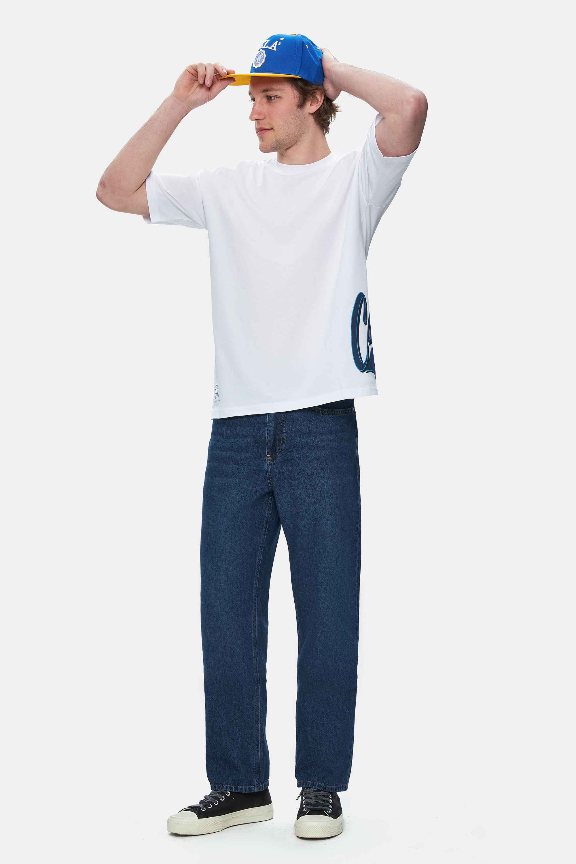 ROSCOE Beyaz Bisiklet Yaka Baskılı Oversize Erkek Tshirt