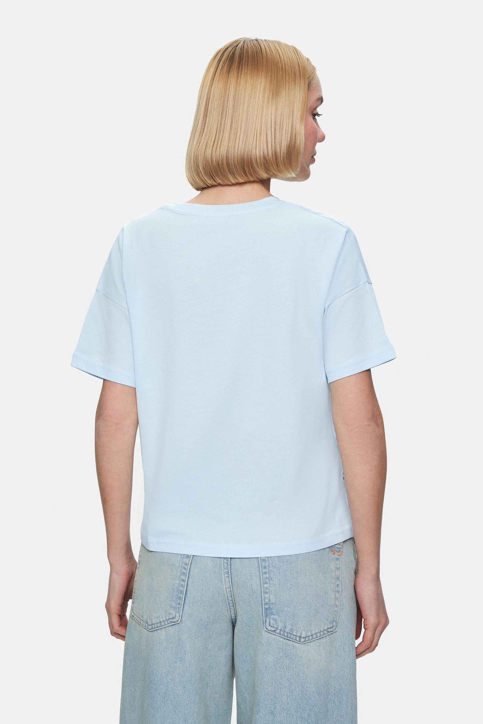 KENZIE Gök Mavi Bisiklet Yaka Baskılı Loose Fit Kadın Tshirt