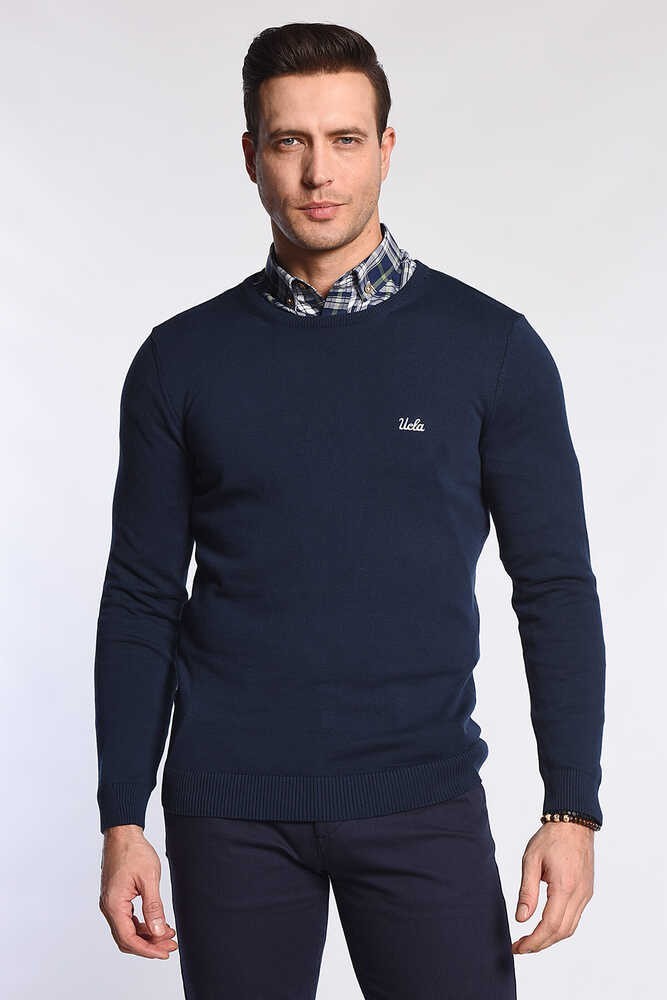 MENTO Koyu Lacivert Bisiklet Yaka Nakışlı Slim Fit Erkek Triko
