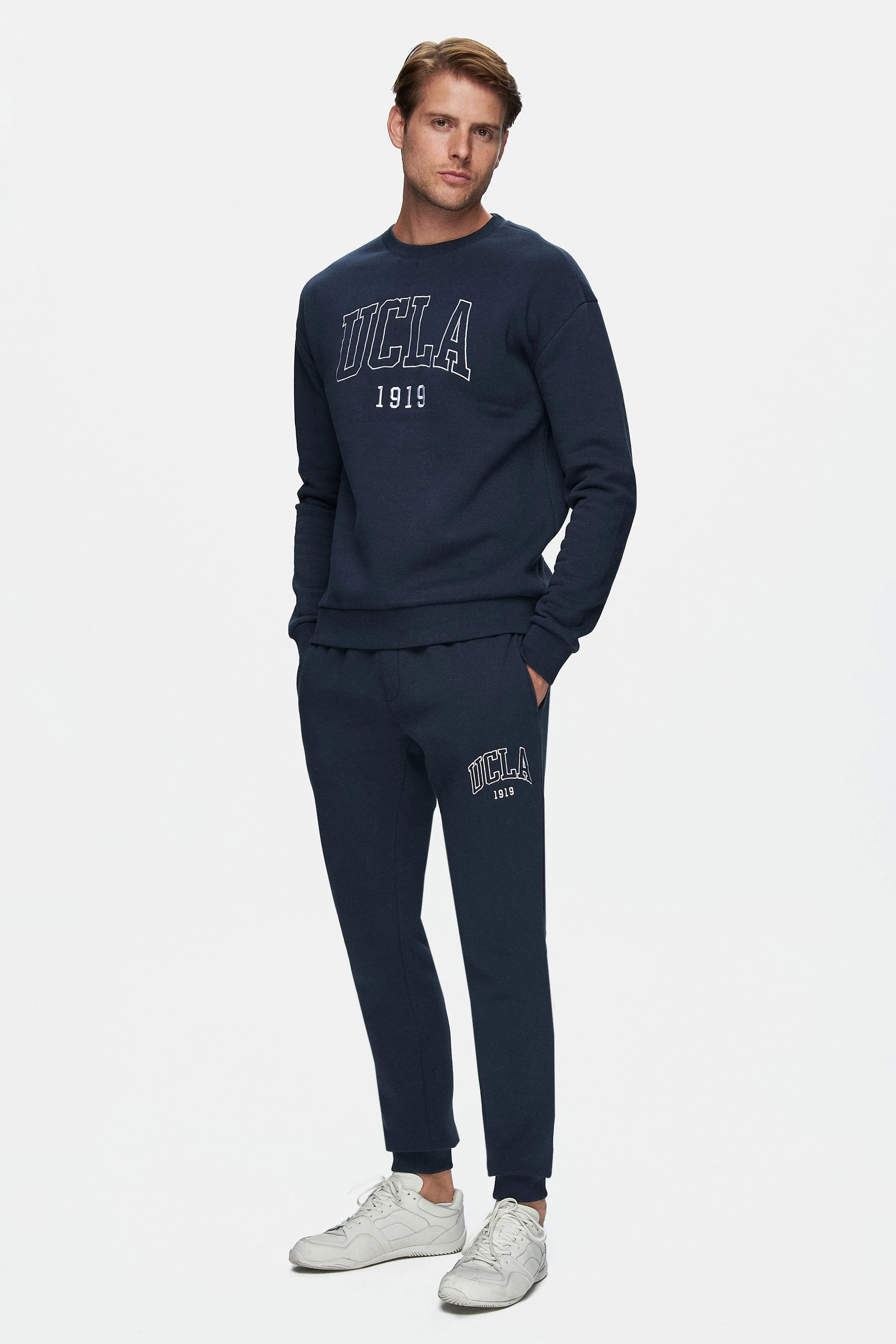 SANDHILL Lacivert Bisiklet Yaka Nakışlı Şardonlu Loose Fit Erkek Sweatshirt