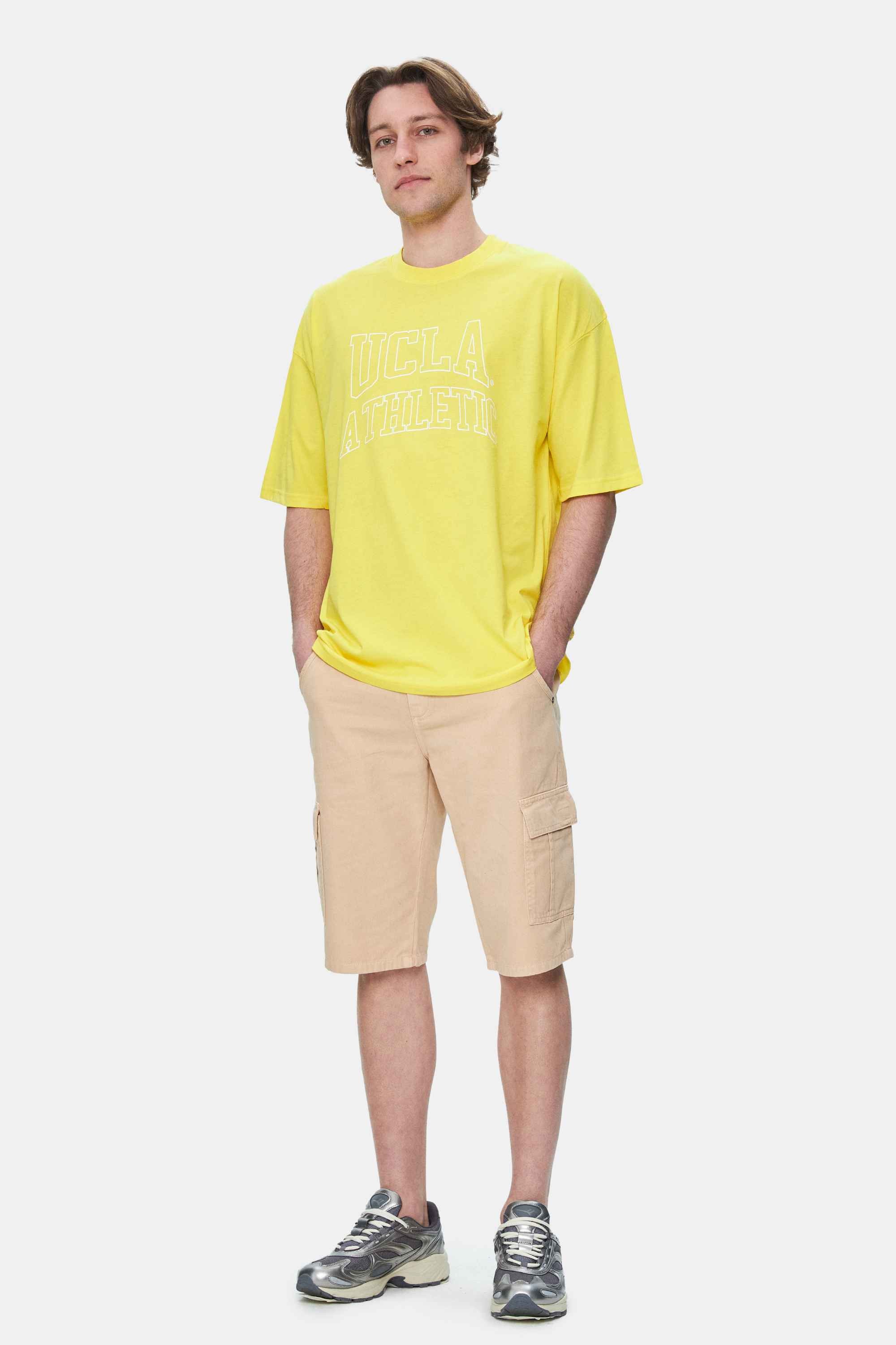 WEBSTER Açık Sarı Bisiklet Yaka Baskılı Oversize Erkek Tshirt