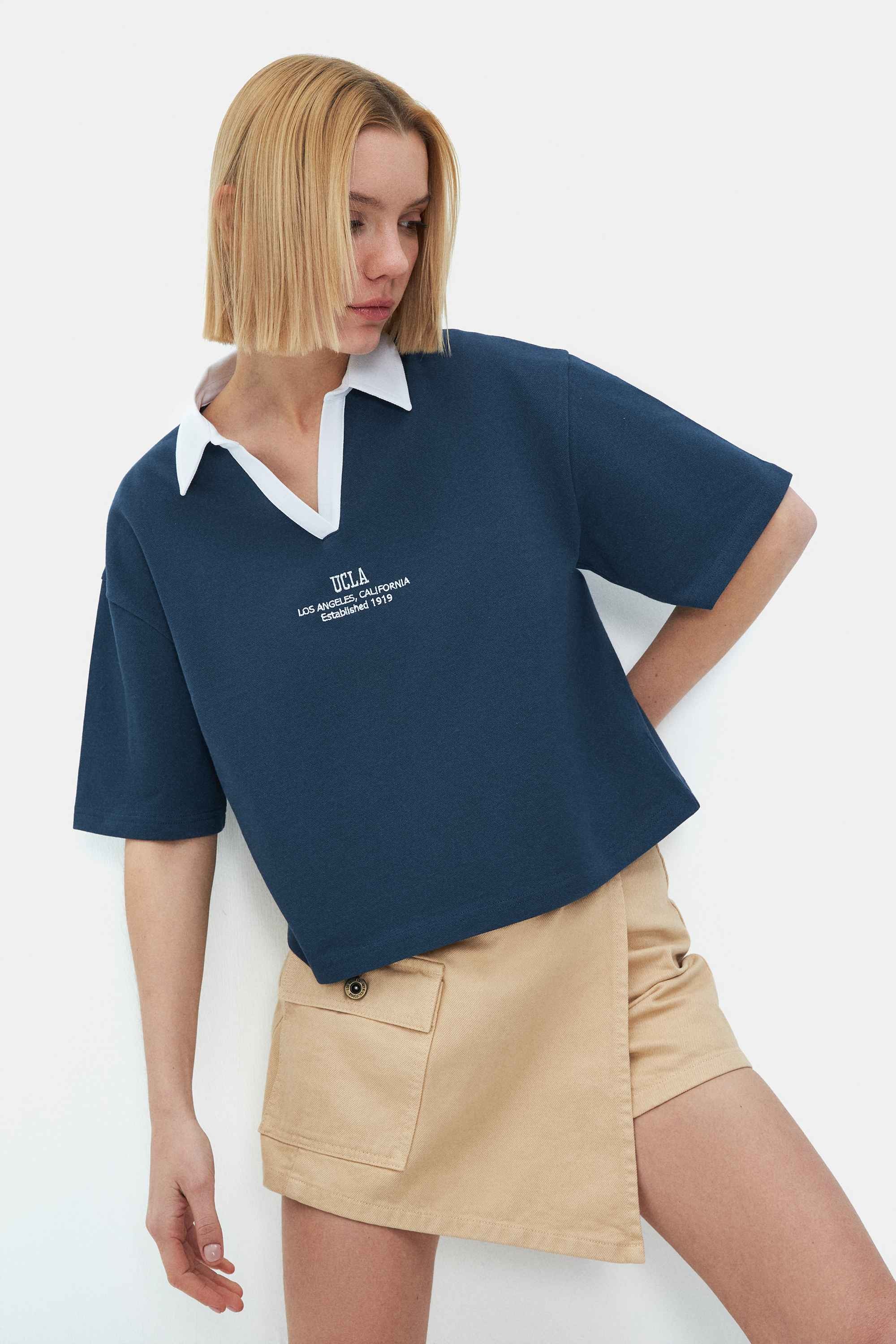 POLLY Lacivert Polo Yaka Sargı Nakışlı Loose Fit Kadın Tshirt