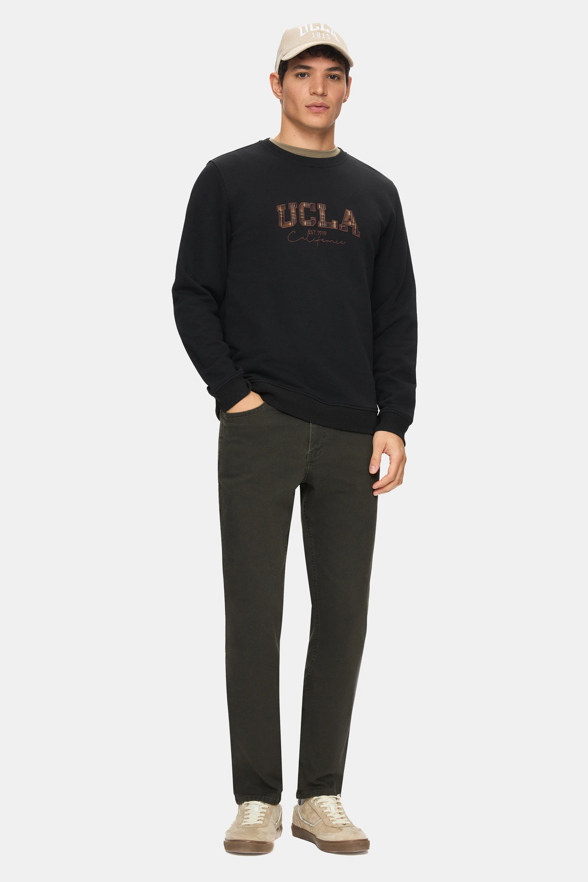 MATTY Siyah Bisiklet Yaka Ekose Nakışlı Loose Fit Erkek Sweatshirt