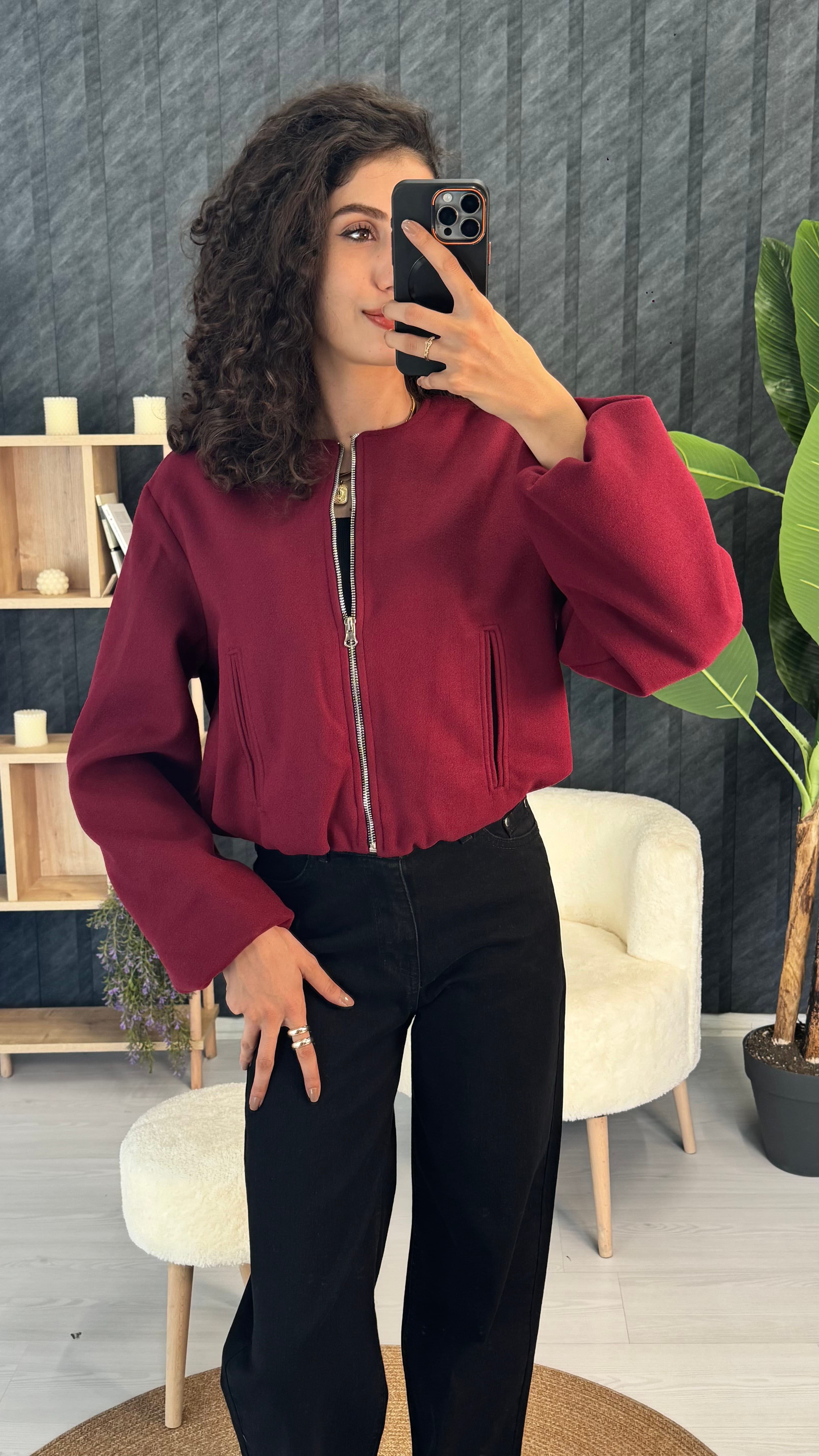 Fermuarlı Kaşe Bomber Mont 