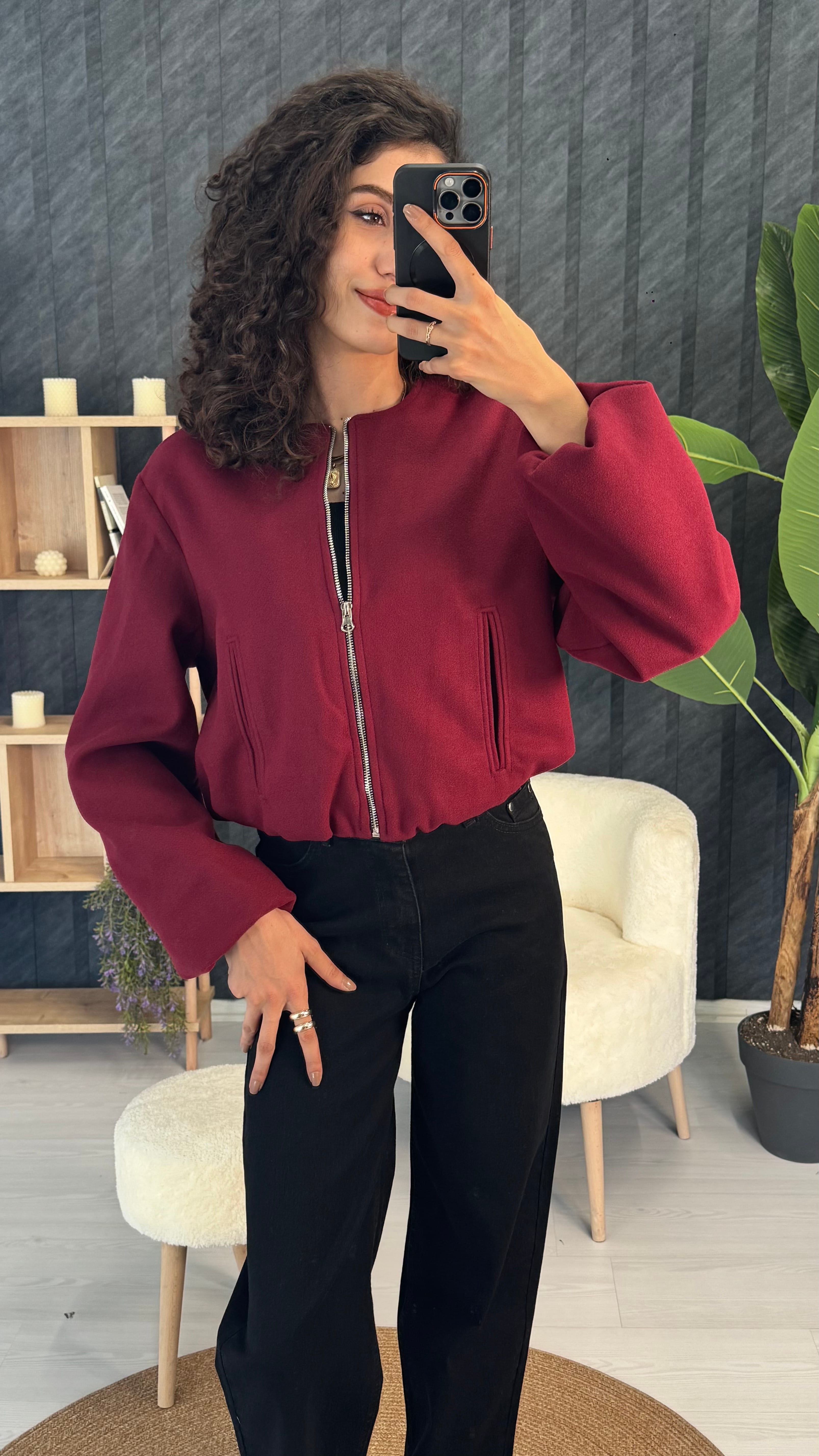 Fermuarlı Kaşe Bomber Mont 