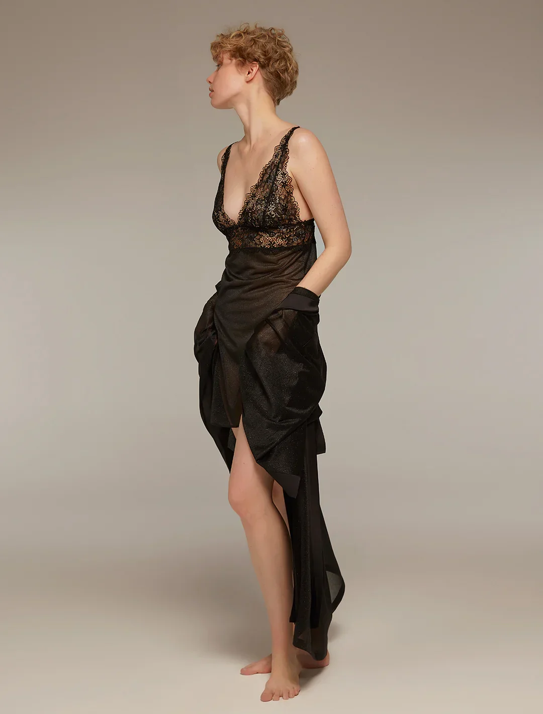 Siyah Işıltılı Dantelli 6 Parça Gelin Seti 1355