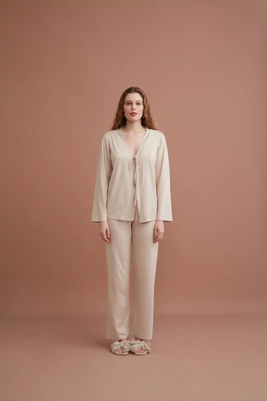 Krem Rengi Bağlama Detaylı Pijama Takımı 5016