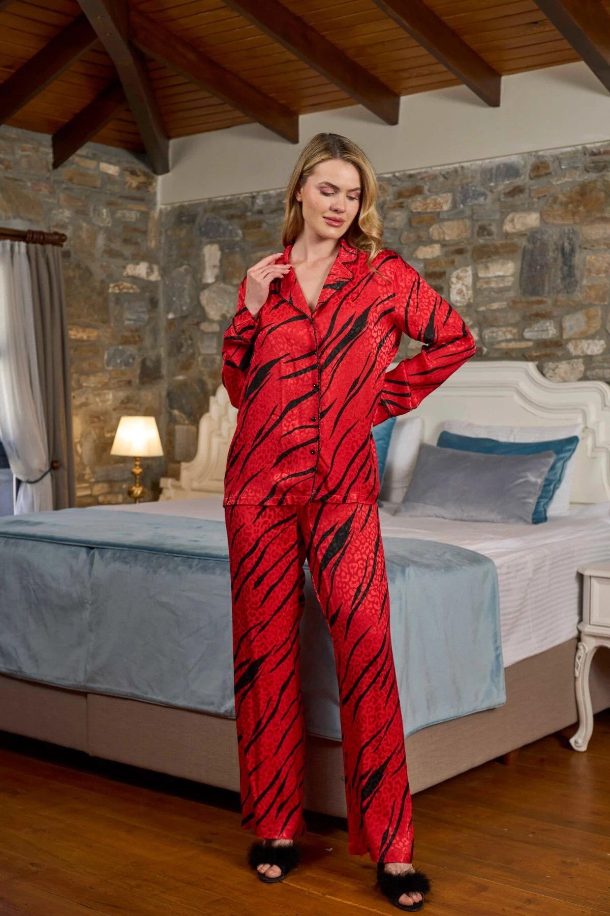 Saten Desenli 3'lü Pijama Takımı 26338