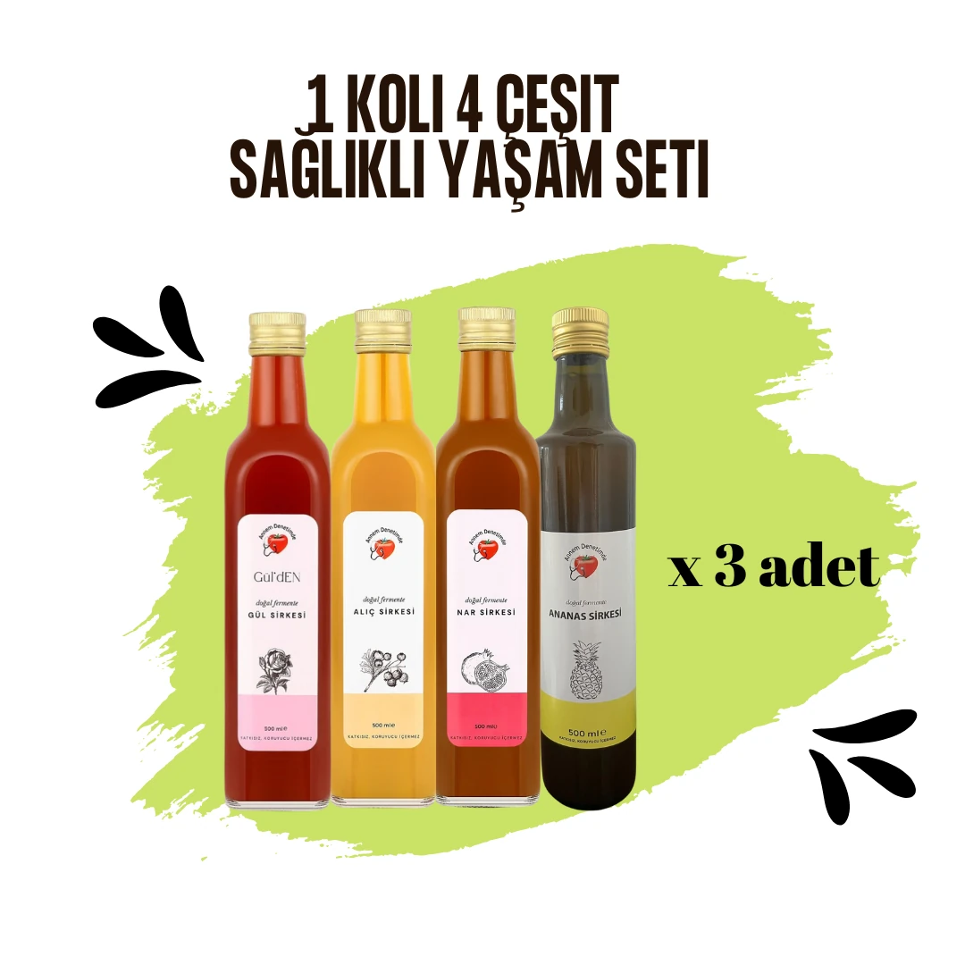  1 KOLİ SAĞLIKLI YAŞAM PAKETİ 3 GÜL, 3 NAR, 3 ALIÇ, 3 ANANAS SİRKESİ