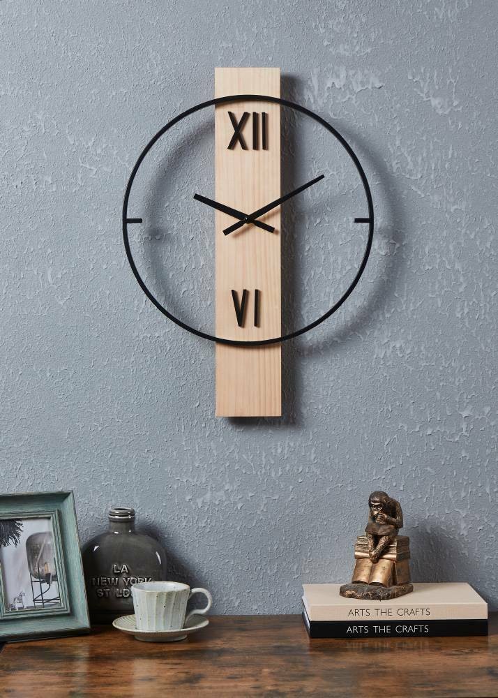 Eglo 425512 "YAMATSURI" 56 Cm Yüksekliğinde 40Cm Uzunluğunda Siyah, Doğal Ahşap Çelik Dekoratif Duvar Saati