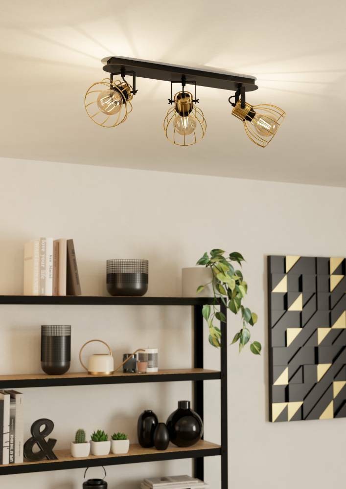 Eglo 900384 "SAMBATELLO" 3X40W Çelik, Ahşap Siyah, Fırçalanmış Pirinç Sıva Üstü Spot