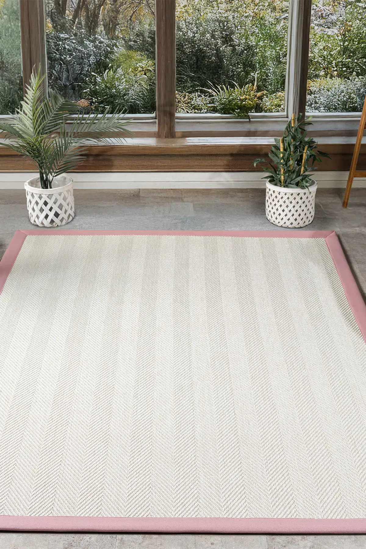 Seyran Halı Bombay 665 Krem Jüt Sisal Halı  - Pembe Bordürlü Halı Yolluk