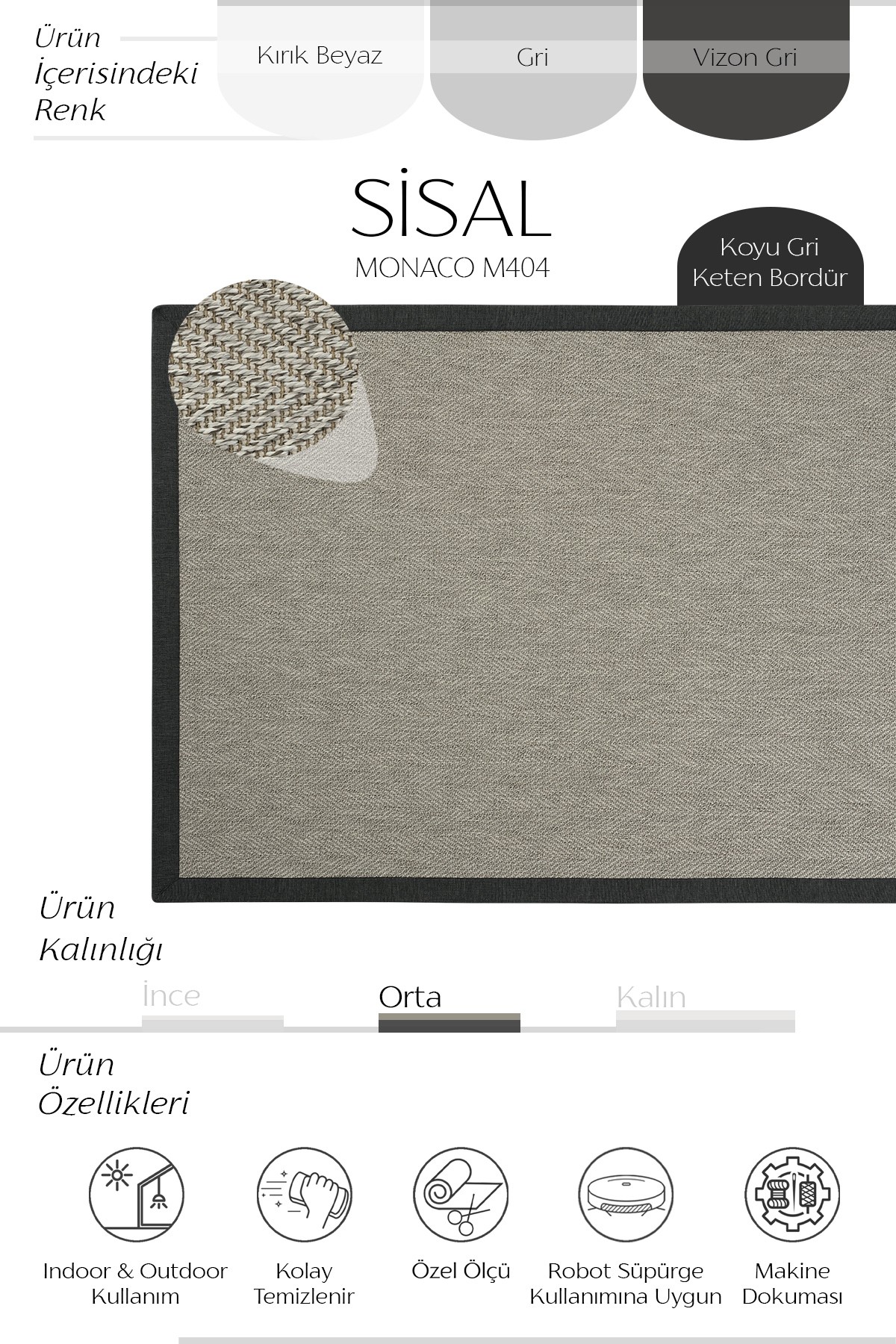 Cool Jüt Sisal Halı MONACO M404 - Keten Bordürlü Halı Yolluk - Indoors Outdoors