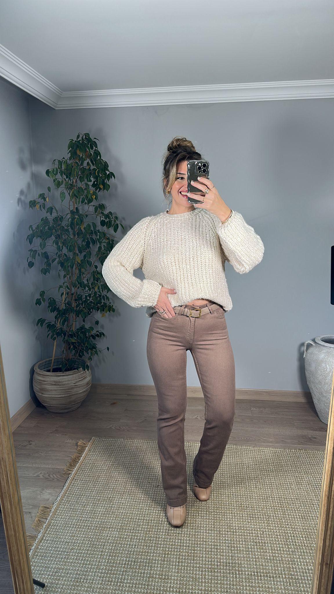 Dikişli Paça Likralı Jean - Vizon