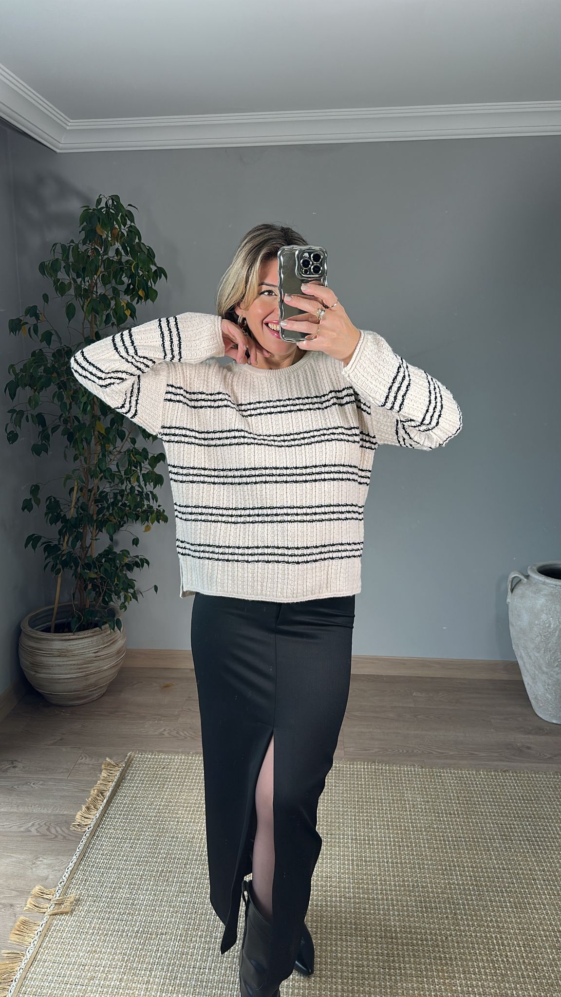 Bisiklet Yaka Yatay Çizgili Triko Kazak