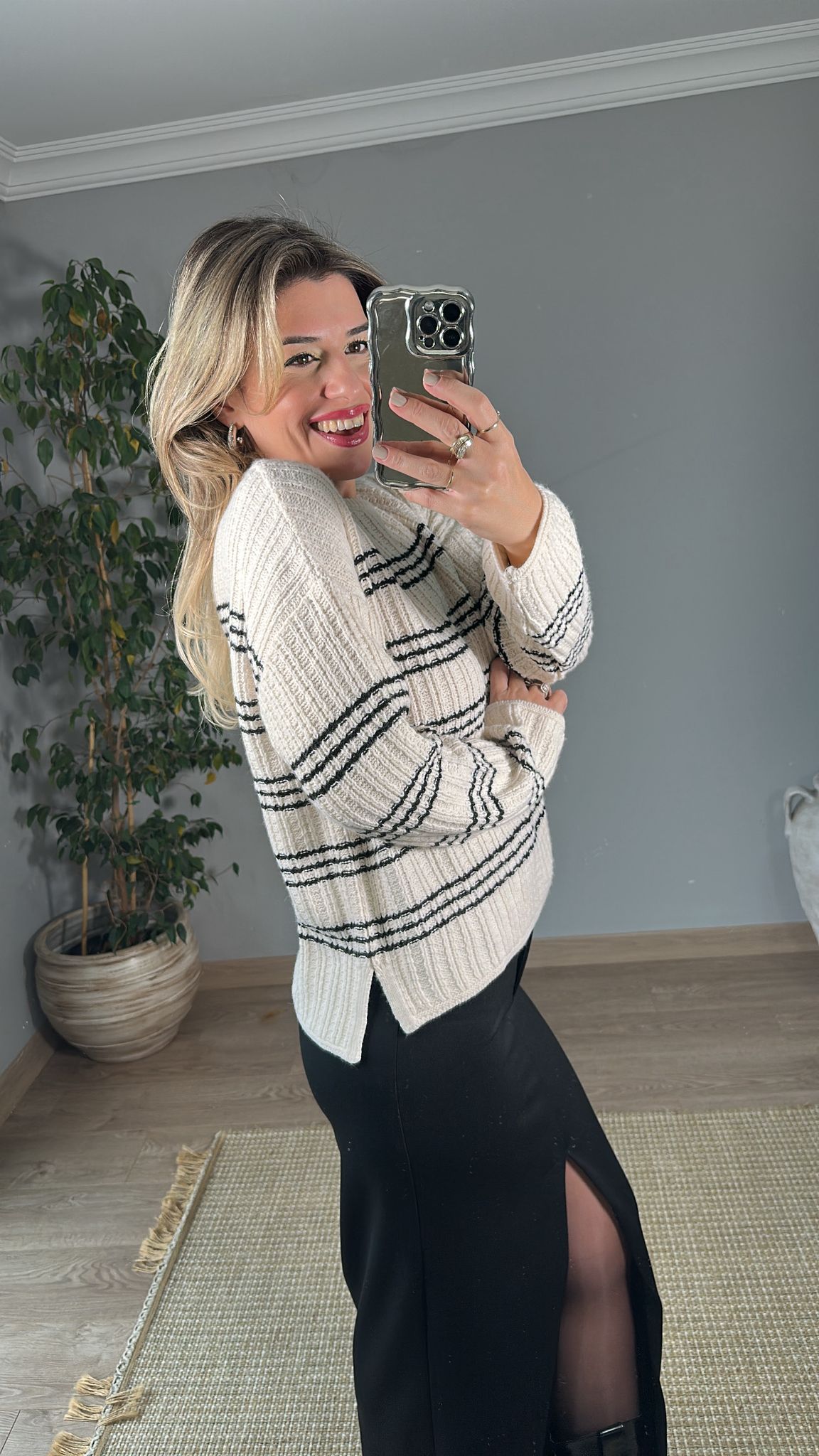 Bisiklet Yaka Yatay Çizgili Triko Kazak