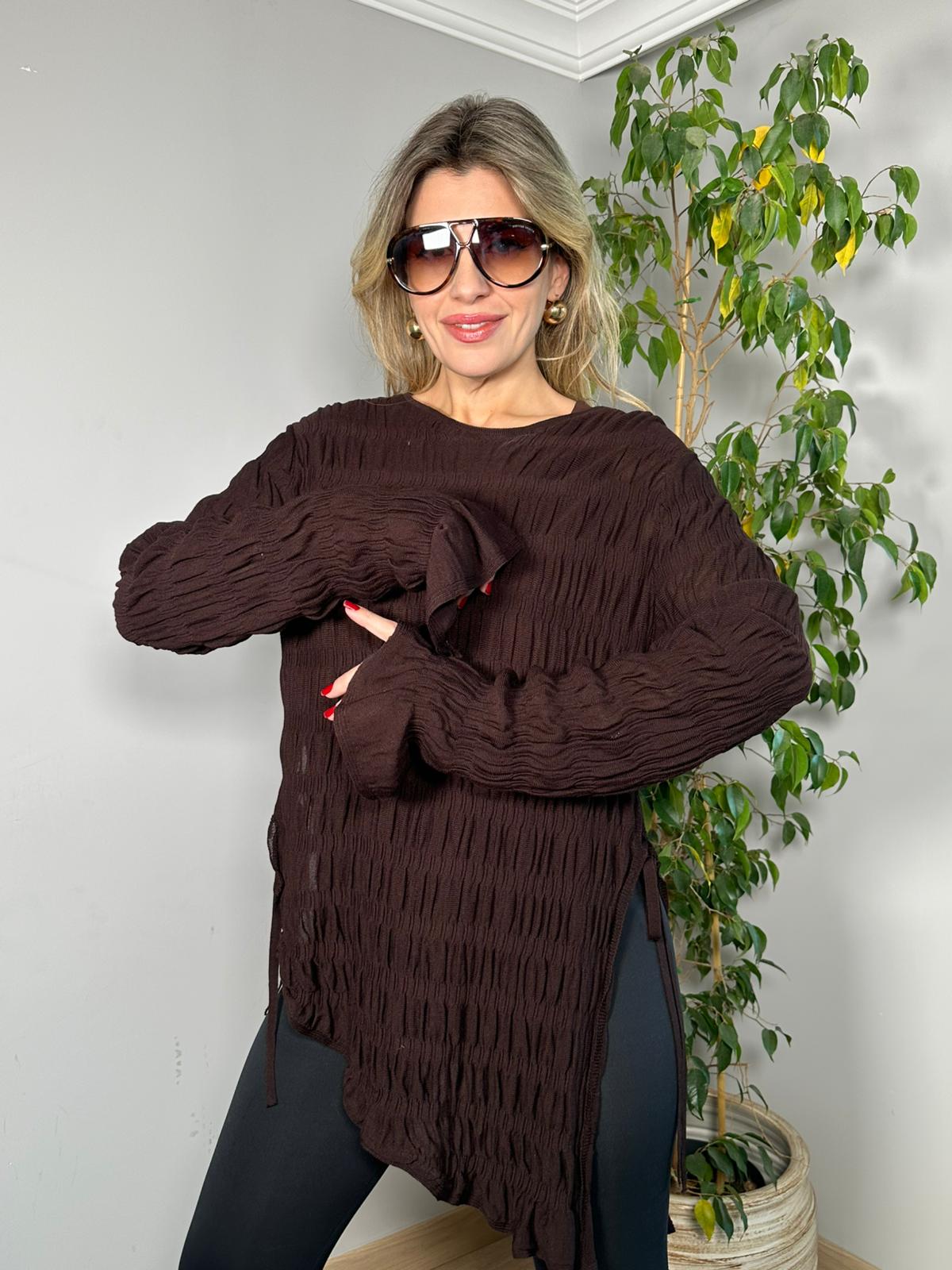 Bürümcük Kumaş Triko Tunik - Kahve