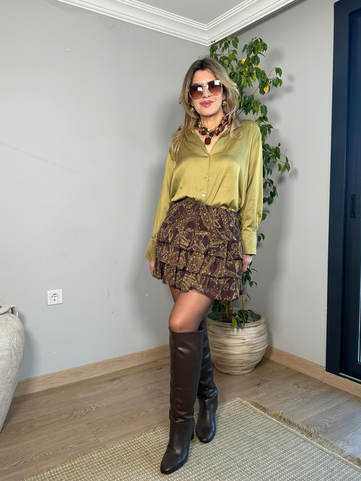 Diagonal Desen Saten Gömlek