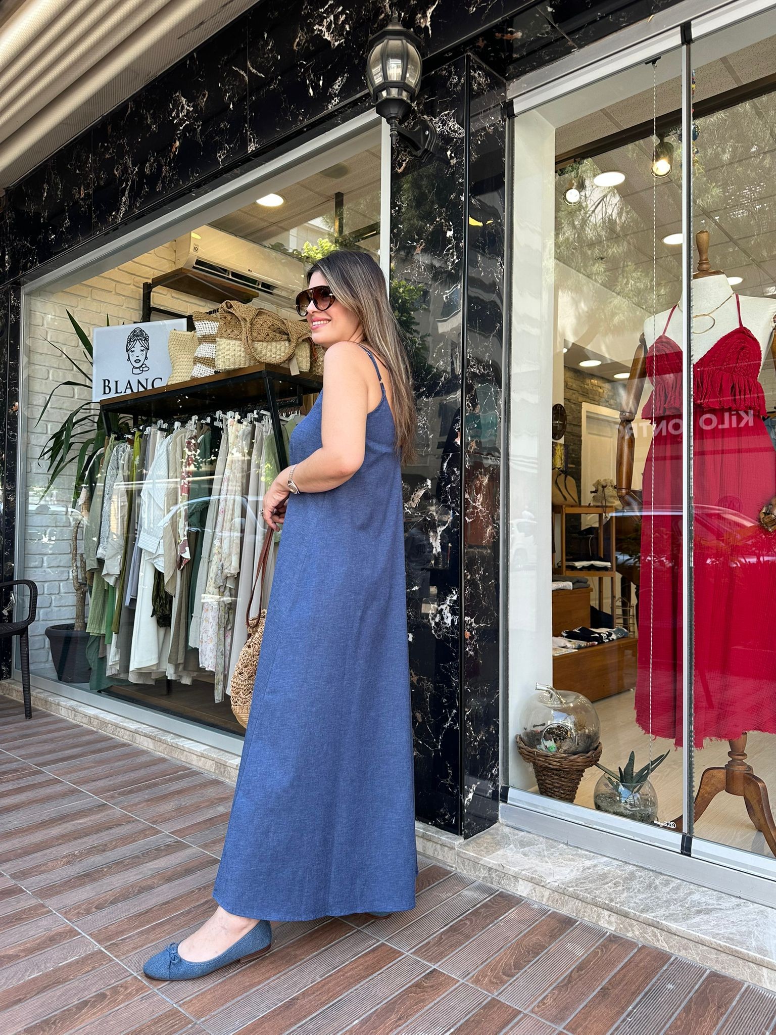 Askılı İnce Denim Elbise