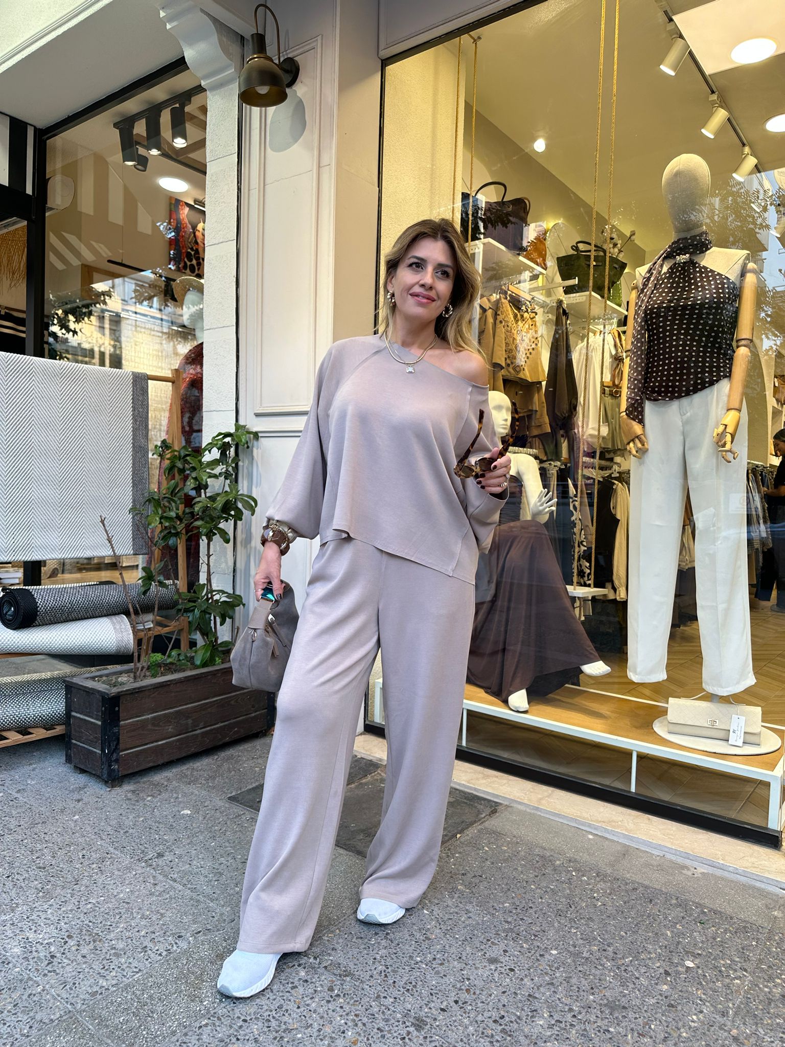 Kayık Yaka Modal Kumaş Eşofman Takımı - Vizon