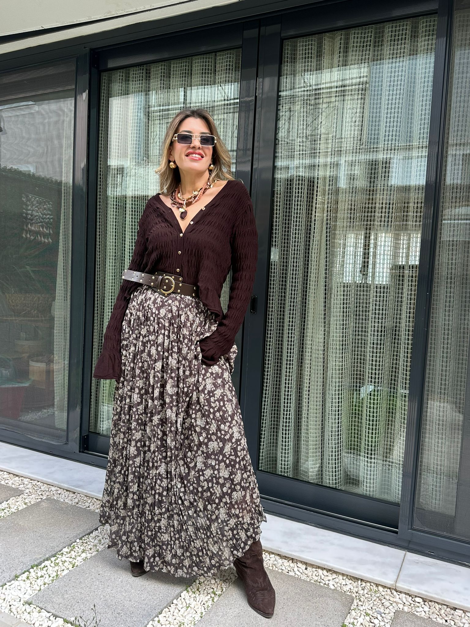 Kemerli Desenli Uzun Etek - Haki