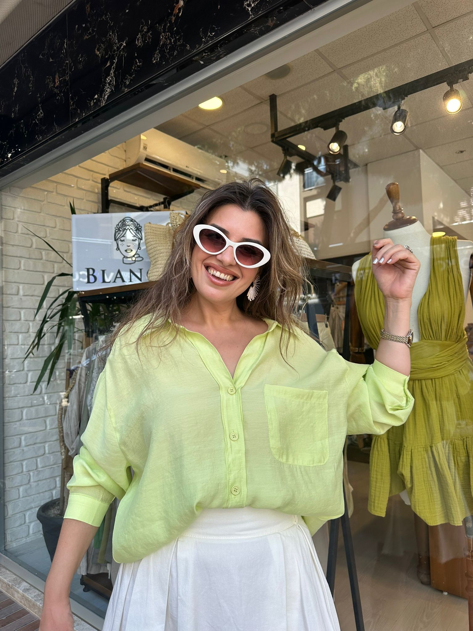 Düşük Omuzlu Oversize Gömlek - neon yeşil