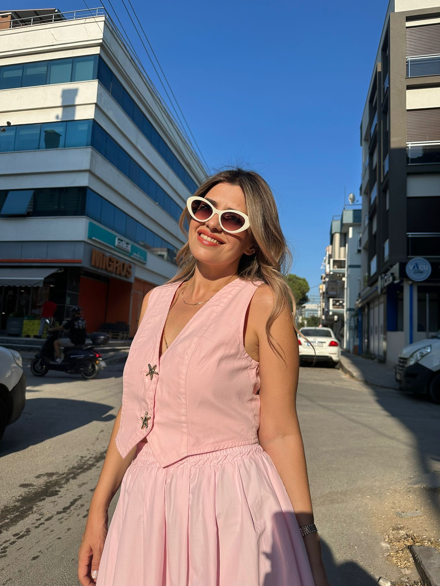 Yıldız Düğmeli İnce Denim Yelek - Pembe