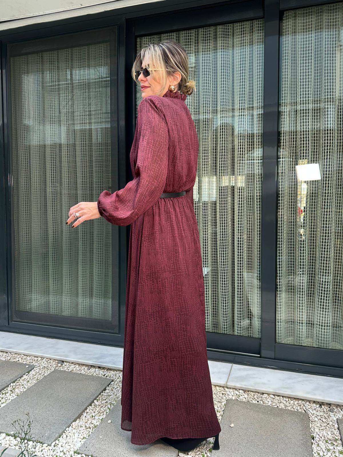 Fırfırlı Bağlamalı Kemerli Maxi Elbise