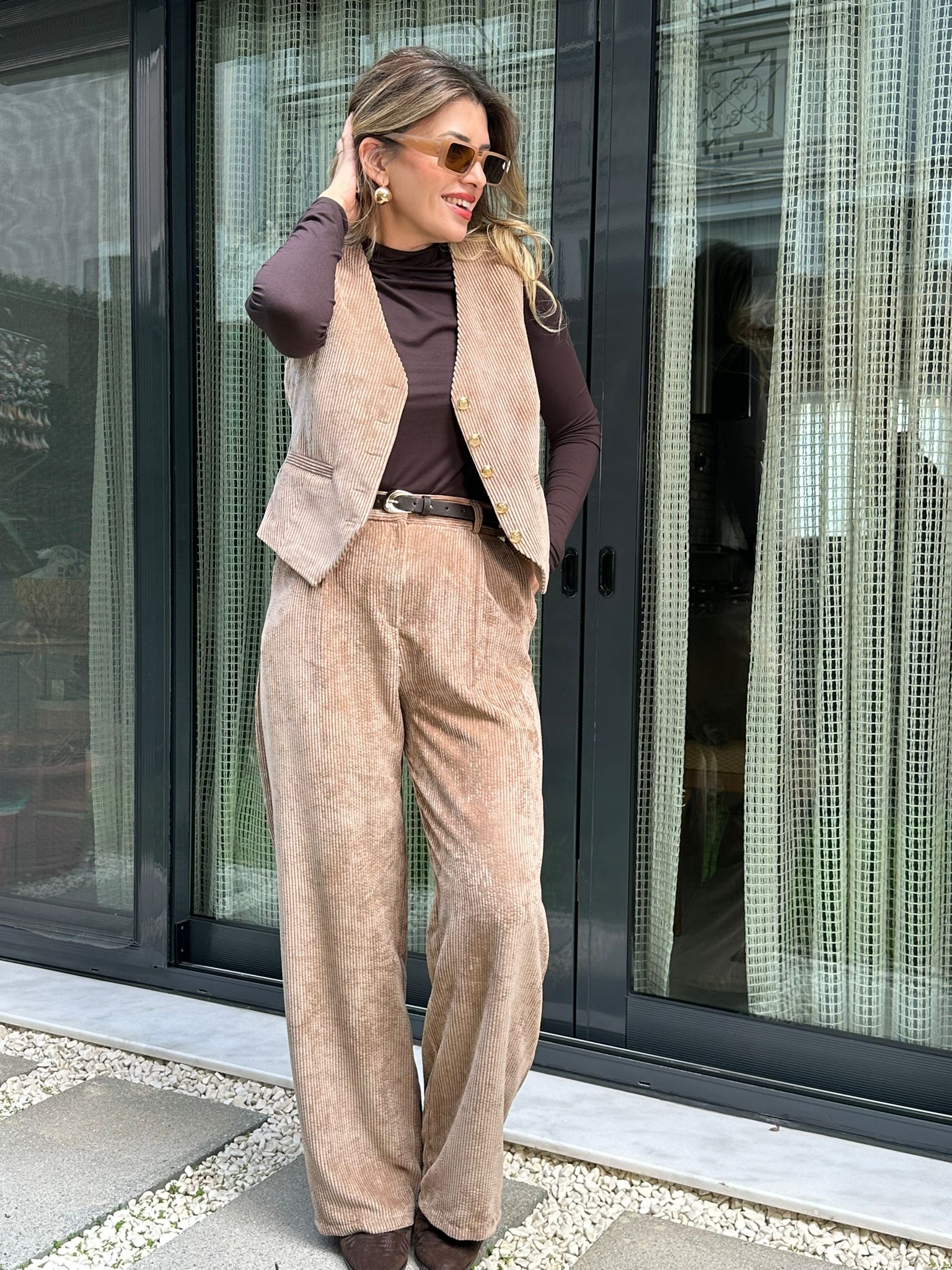 Yelekli Kemerli Pantolon Takım (Kadife Kumaş) - Camel