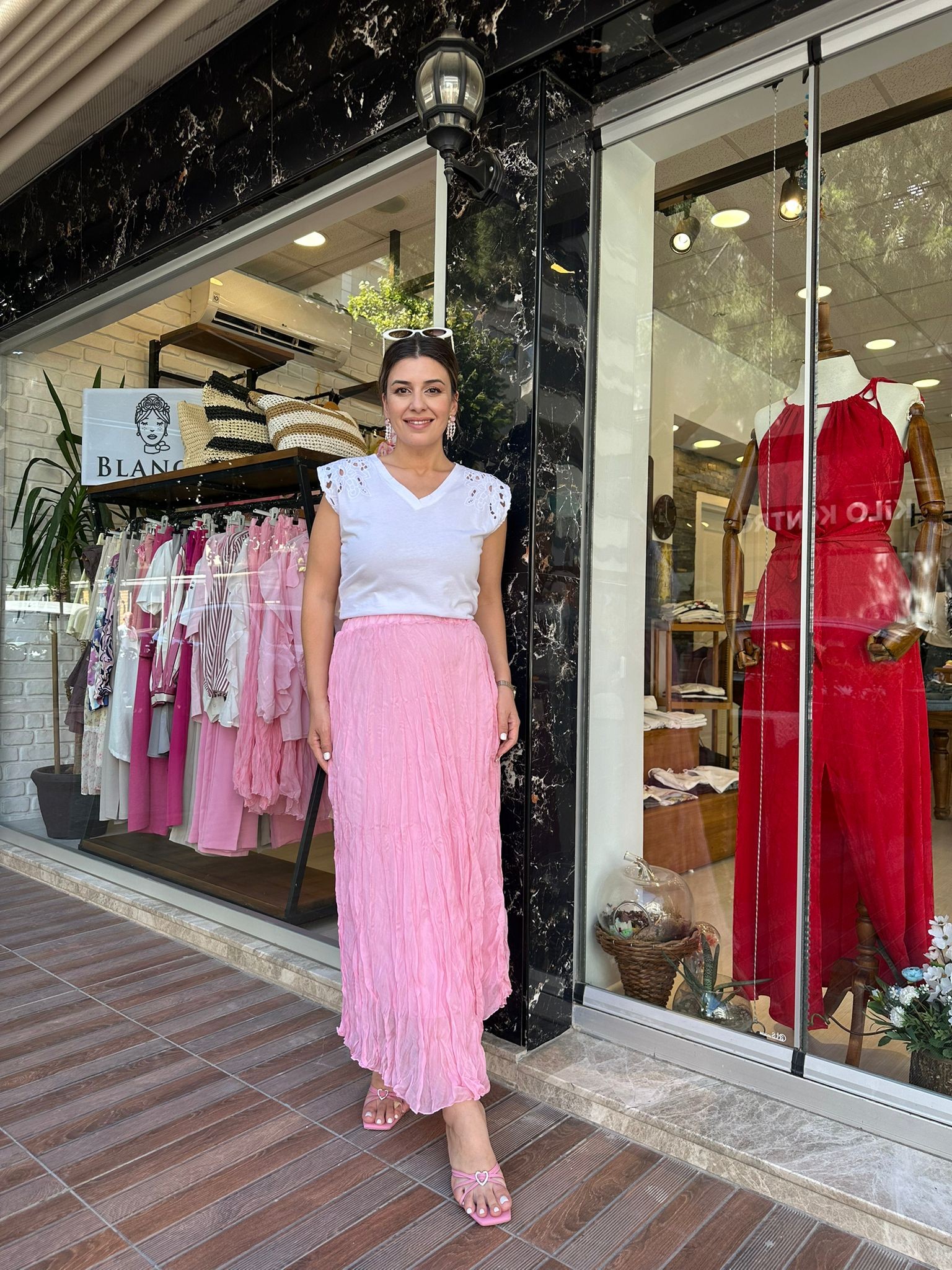 Beli Lastikli Kırışık Kumaş Astarlı Etek - Pudra Pembe