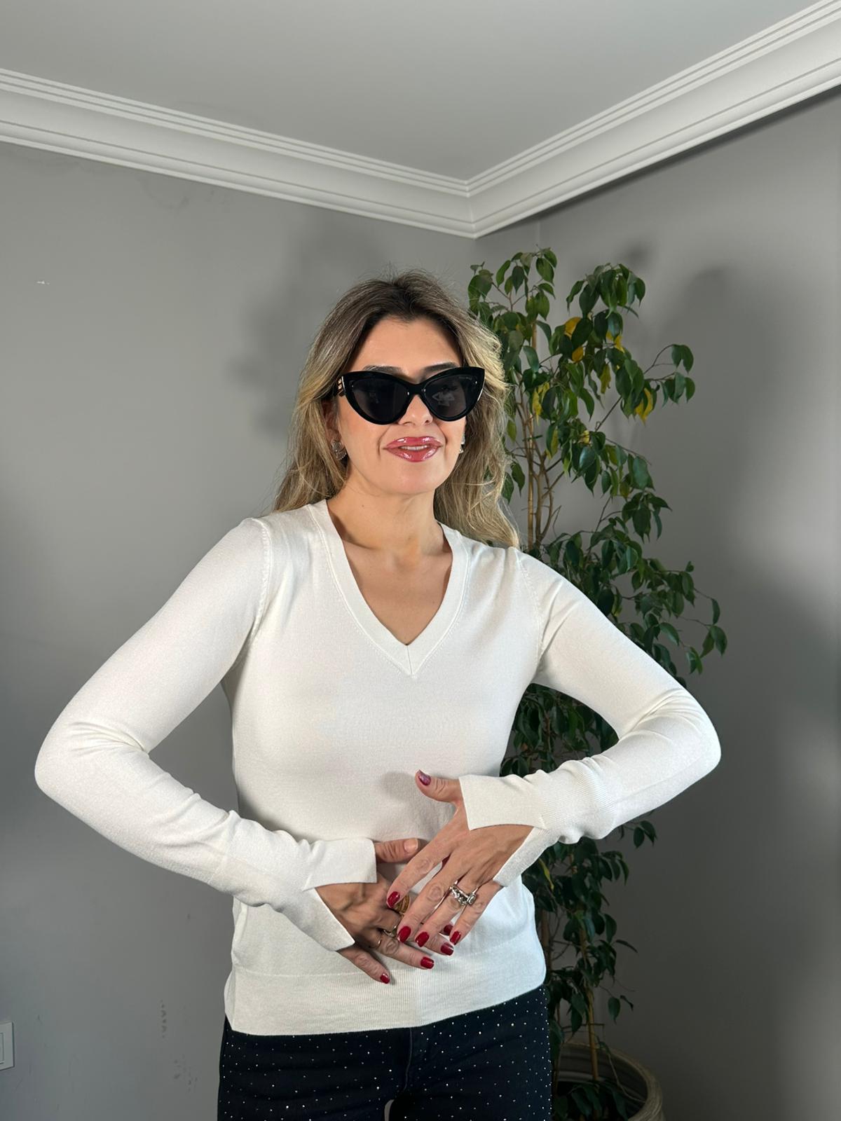 V Yaka Kolu Yırtmaçlı Kazak - Ekru