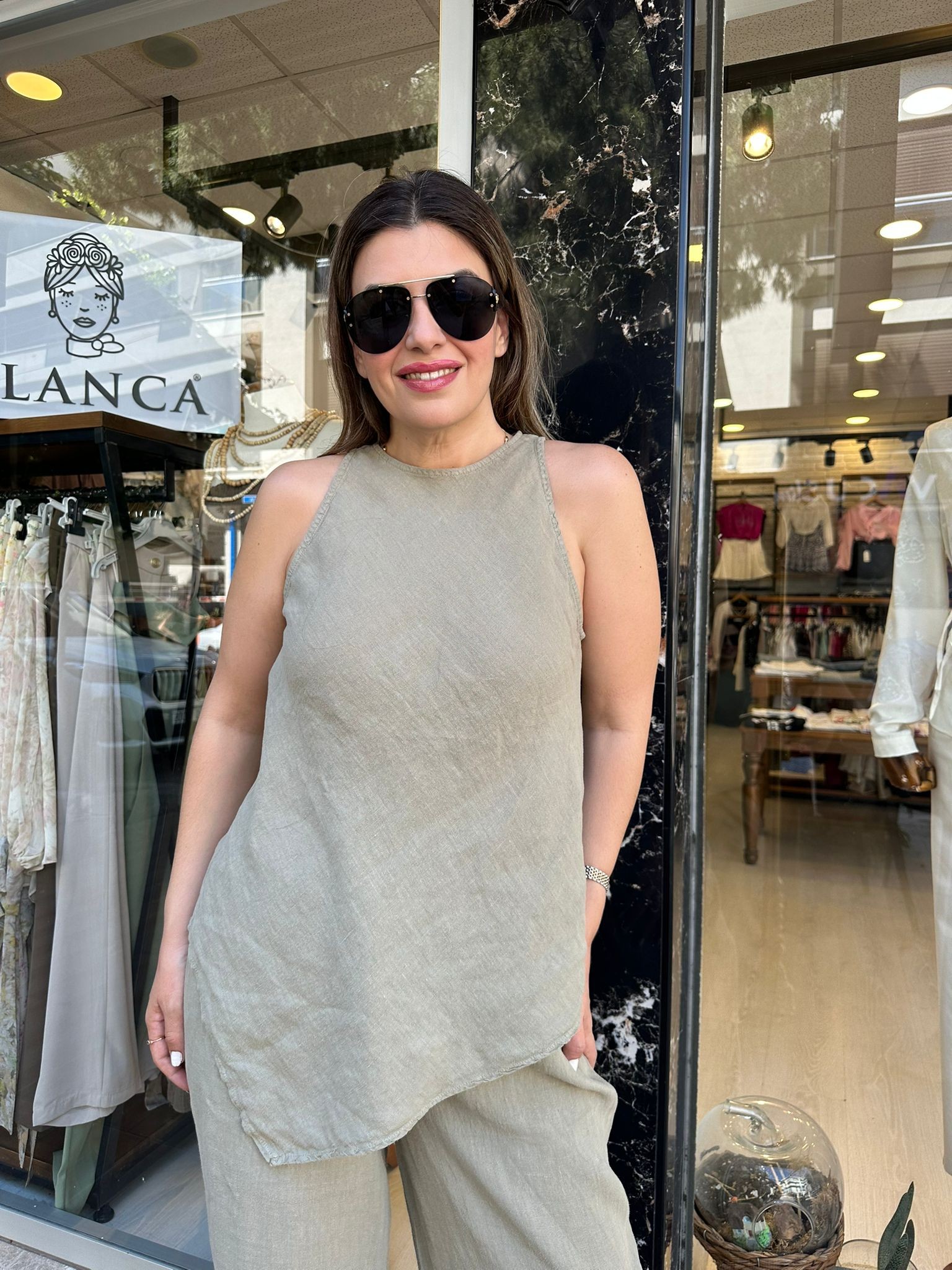  Üstü Asimetrik Bol Paça Keten Takım
