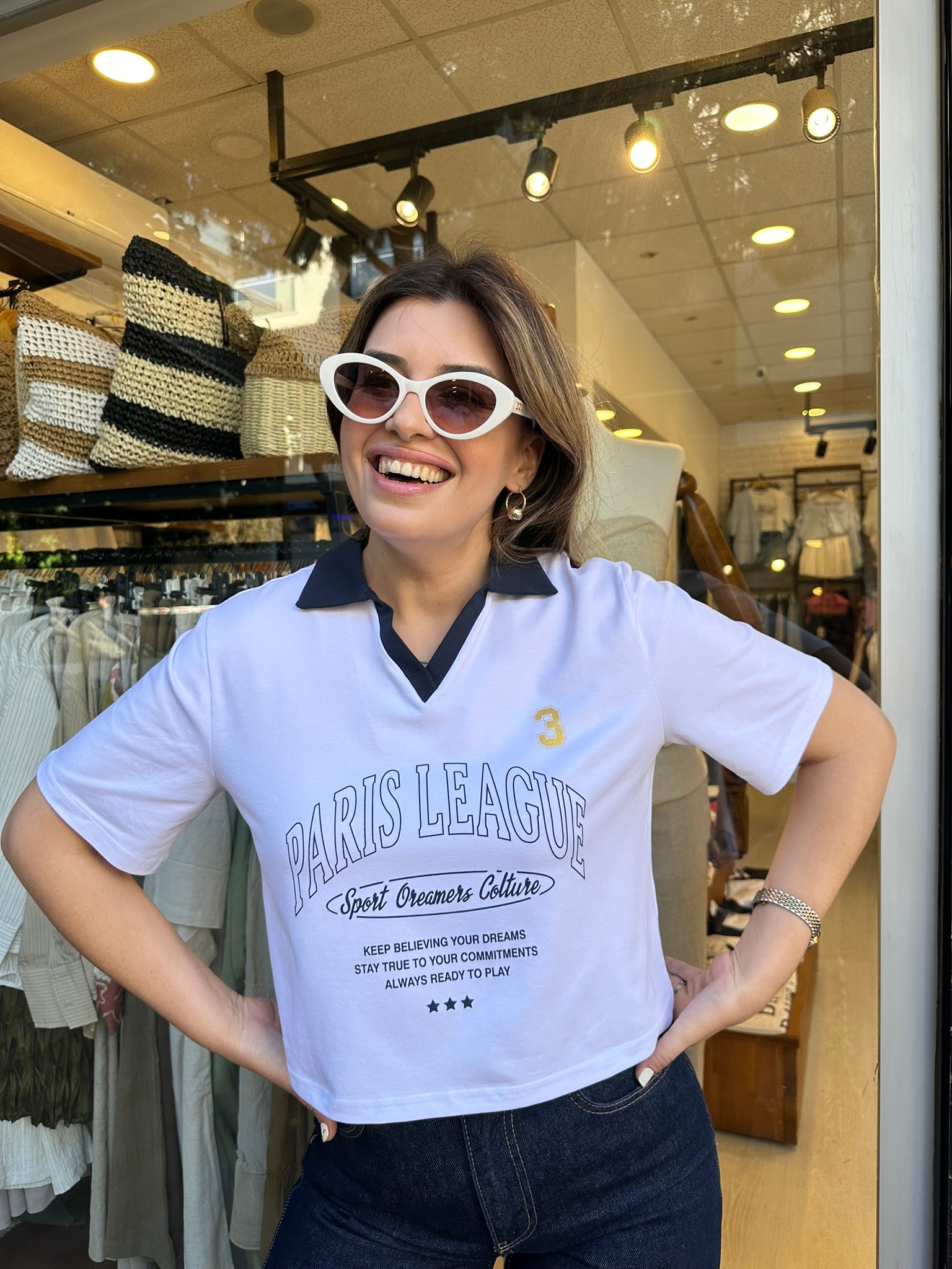 Polo Yaka Lacivert Yazılı Crop T-shirt
