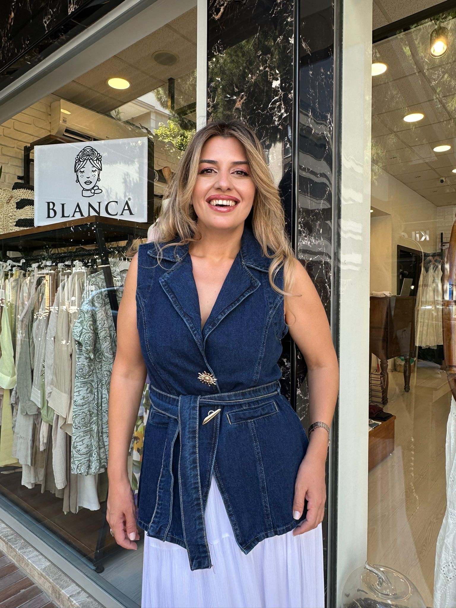  Yakalı Gold Düğme Detaylı Denim Yelek - Mavi