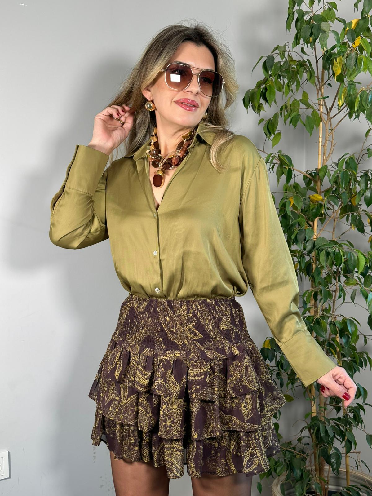 Diagonal Desen Saten Gömlek