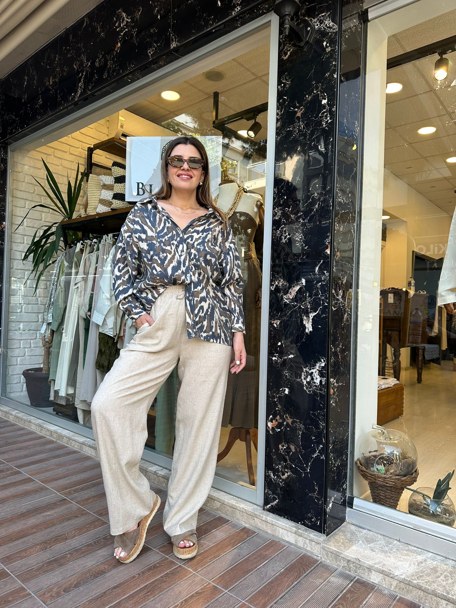 Taş Rengi Beli Lastikli Keten Pantolon