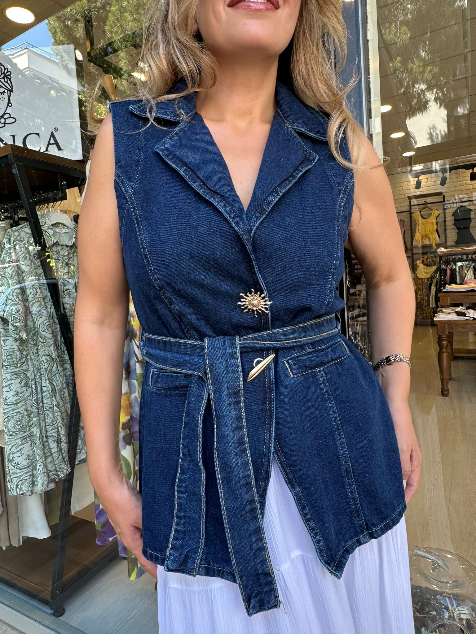  Yakalı Gold Düğme Detaylı Denim Yelek